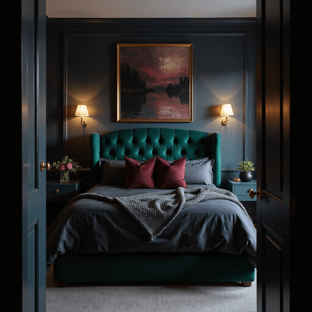 Bedroom Decor Ideas: Transform Your Sleep Sanctuary with Style and Comfort A dramatic primary bedroom at dusk featuring deep navy walls, an emerald green velvet headboard, and ambient lighting from vintage brass sconces. The layered bedding includes charcoal linen sheets, burgundy velvet pillows, and a chunky knit throw in slate gray, while an oversized abstract art piece in moody tones accents the focal wall. The image is shot straight-on from the doorway, capturing the luxe contemporary style with art deco touches.