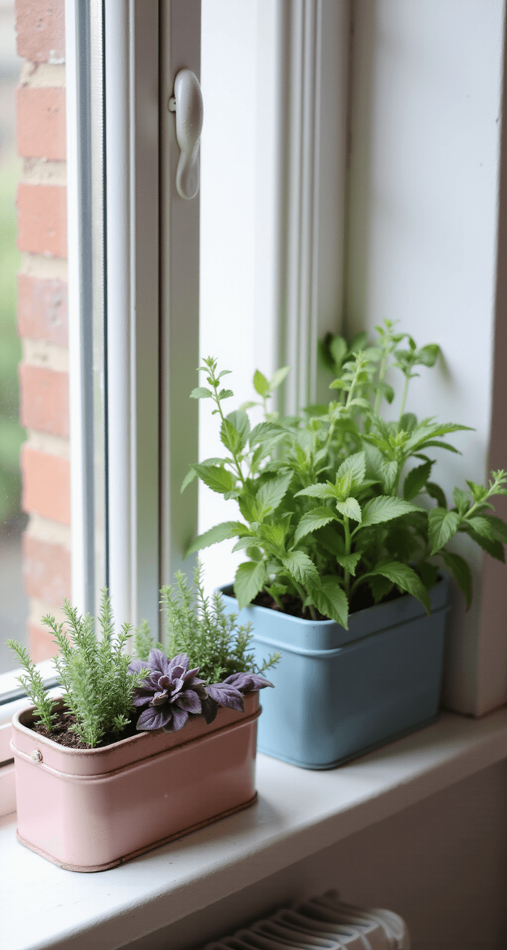 Container Gardening: Transform Your Space with Portable Greenery Close-up of a cozy windowsill in morning light, showcasing repurposed vintage coffee tins in pastel colors filled with a compact herb garden of silver thyme, purple basil, and trailing oregano, set against a clean white wooden window frame.