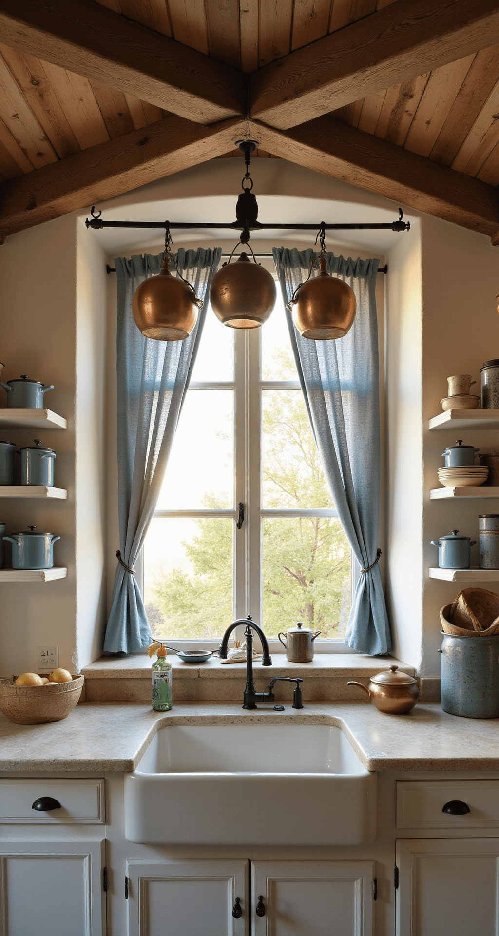 Vintage French Kitchen Style Guide: Transform Your Space with Timeless Charm A warm, sunlit French country kitchen featuring weathered oak beams, cream plaster walls, a farmhouse sink under a large window with blue linen curtains, and vintage enamelware on open shelving, captured from a low angle.