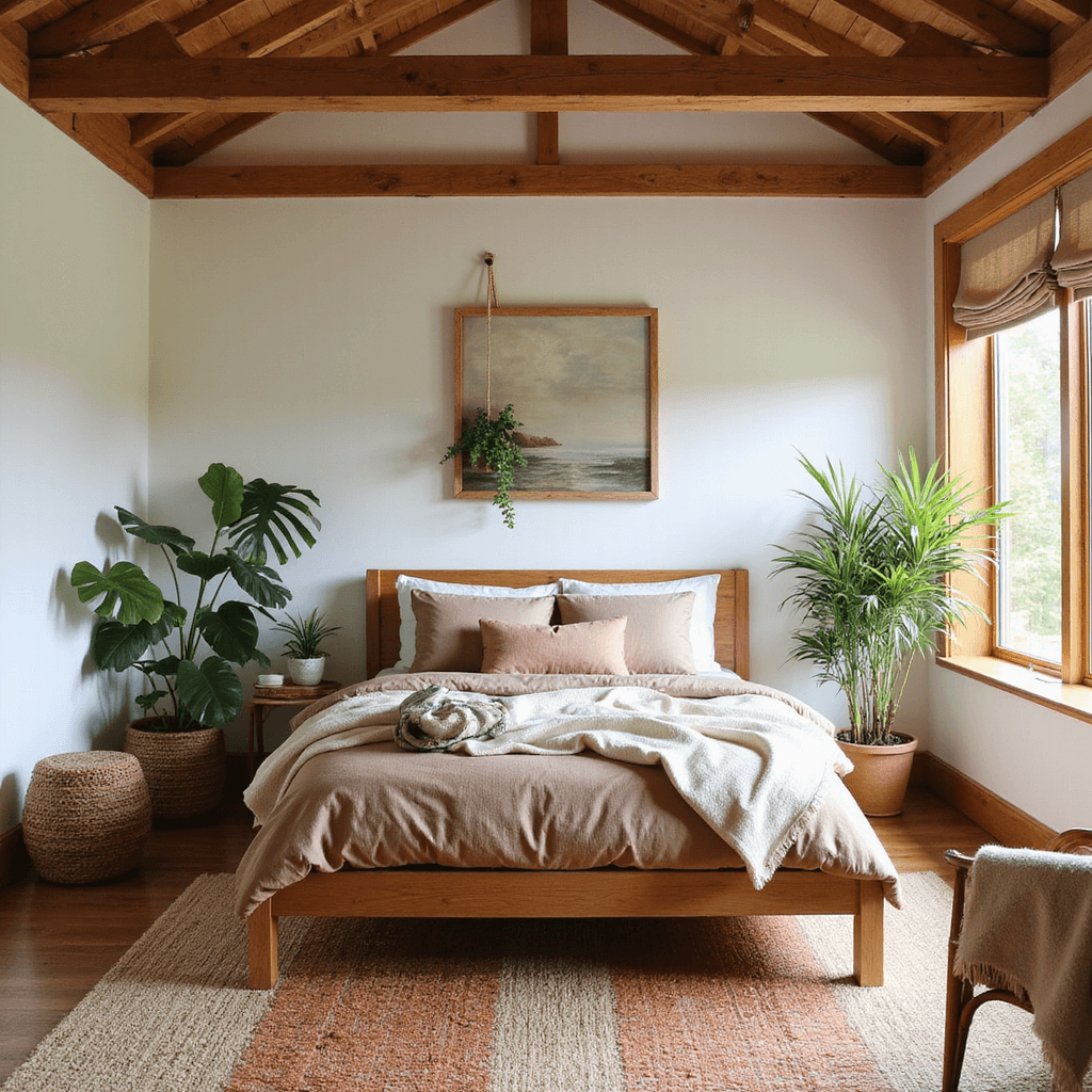 Bedroom Decor Ideas: Transform Your Sleep Sanctuary with Style and Comfort A bright corner bedroom with vaulted ceiling and exposed wooden beams, featuring a teak platform bed with organic cotton bedding, potted monstera plants, and a rattan accent chair, all in earth tones, illuminated by natural light.