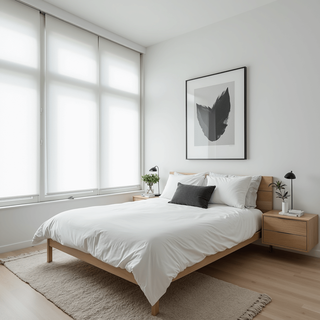 Bedroom Decor Ideas: Transform Your Sleep Sanctuary with Style and Comfort Minimalist bedroom featuring a light oak platform bed with crisp white bedding and a charcoal lumbar pillow, floor-to-ceiling windows with white roller blinds, built-in floating nightstands, and a large black and white photography piece above the bed, all presented with bright, even lighting.