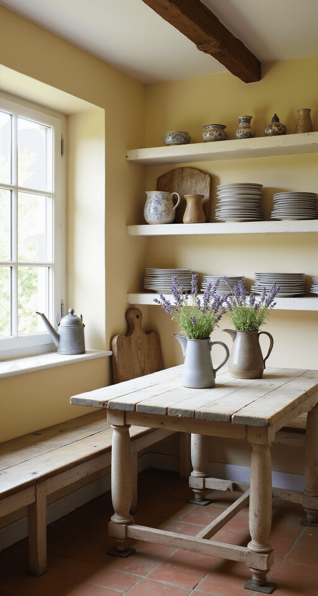 Vintage French Kitchen Style Guide: Transform Your Space with Timeless Charm A cozy Provençal kitchen nook bathed in morning sunlight, featuring a distressed pine table with lavender sprigs, vintage ironstone pitchers, pale yellow walls, terracotta flooring, a zinc watering can, stacked antique bread boards, and mismatched vintage plates on whitewashed open shelves.