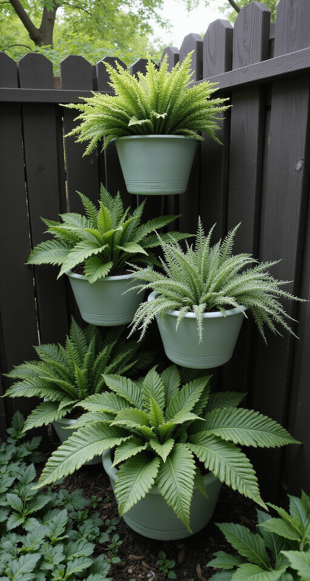 Container Gardening: Transform Your Space with Portable Greenery A serene shaded corner garden featuring an 8'x8' arrangement of painted dollar store hanging baskets in soft sage greens, filled with lush ferns, peacock spikemoss, and variegated ivy, against a dark wooden fence, beautifully illuminated by afternoon light that highlights the intricate foliage patterns, creating a tranquil woodland sanctuary.