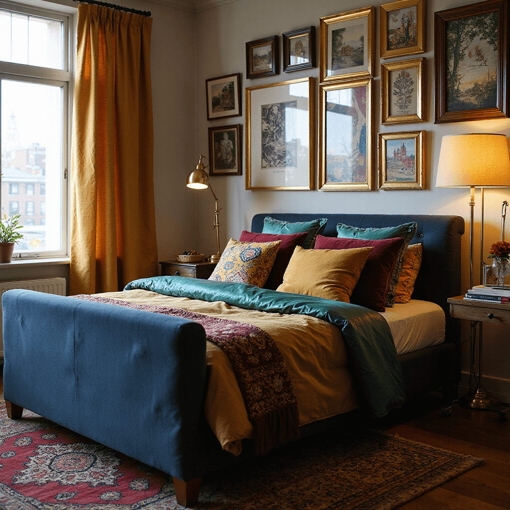 Bedroom Decor Ideas: Transform Your Sleep Sanctuary with Style and Comfort Cozy bedroom with eclectic gallery wall of vintage frames, jewel-toned bedding in emerald, burgundy, and mustard on a navy upholstered bed, and a warm brass floor lamp, featuring global textiles like a Moroccan rug and Indian block print pillows, all bathed in golden hour light.