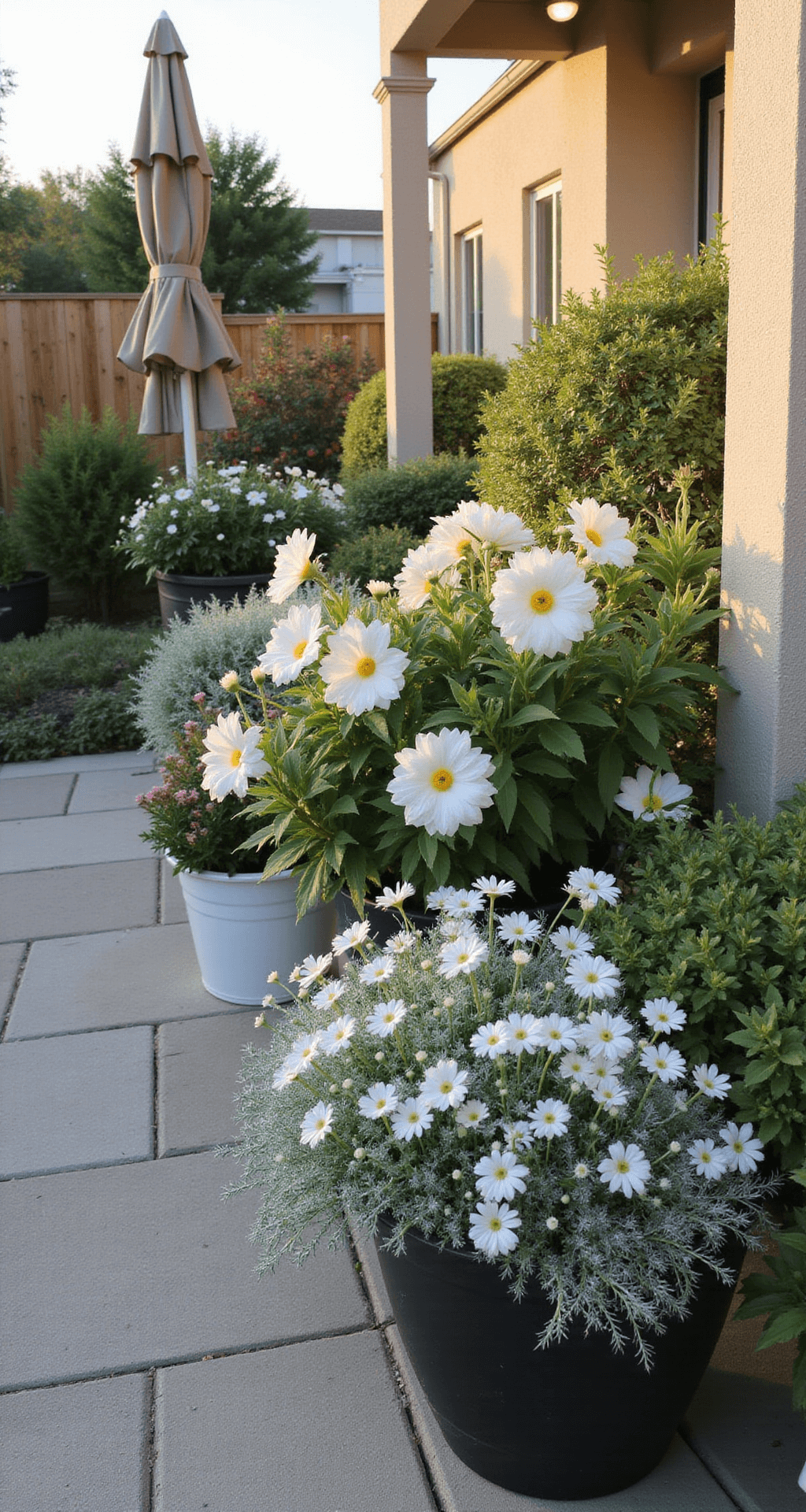 Container Gardening: Transform Your Space with Portable Greenery A small-space patio garden with a monochromatic white palette, featuring mixed containers of white angelonia, silvery dusty miller, and snow-white bacopa, photographed at sunset. The pale stone pavers are visible below, bathed in golden hour light that creates dramatic shadows, evoking an elegant minimalism in a soft focus.
