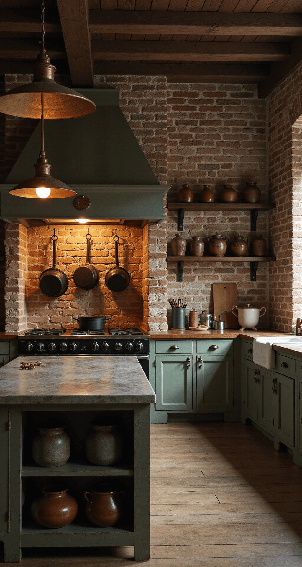 Vintage French Kitchen Style Guide: Transform Your Space with Timeless Charm A cozy Normandy-style kitchen with exposed brick walls, a large cooking hearth adorned with hanging cast iron pots, and soft lamplight from vintage pendant fixtures. The focal point is an expansive island topped with aged zinc, complemented by open shelving displaying copper molds and earthenware crocks. Distressed sage green wooden cabinets anchor the moody atmosphere, captured from chest height with low-key lighting and dramatic shadows.