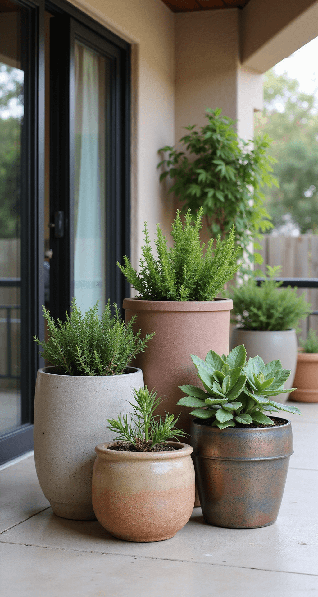 Container Gardening: Transform Your Space with Portable Greenery Wide-angle view of a 12'x14' indoor-outdoor transitional space illuminated by diffused midday light, showcasing grouped containers of drought-tolerant succulents and Mediterranean herbs in a mix of concrete, ceramic, and metal planters. The earthy tones and varying heights of the plants are highlighted against the backdrop of sliding glass doors. The scene captures a mood of California casual sophistication with a focus on textural contrasts, enhanced by subtle artificial lighting.