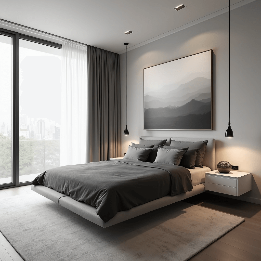 Grey Bedrooms: Your Ultimate Guide to Sophisticated, Serene Sleeping Spaces A serene minimalist grey bedroom with a low-profile platform bed, floating nightstands, and geometric artwork, captured from a low corner angle with soft morning light filtering through sheer curtains.