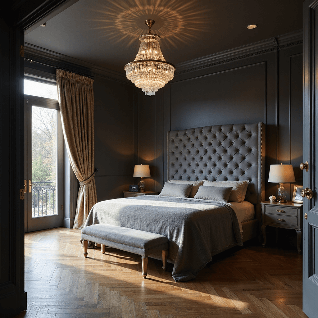 Grey Bedrooms: Your Ultimate Guide to Sophisticated, Serene Sleeping Spaces Luxurious master bedroom featuring deep charcoal grey walls, an oversized tufted slate grey headboard, a crystal chandelier, and metallic silk drapes, all illuminated by golden hour light for an opulent, dramatic atmosphere.