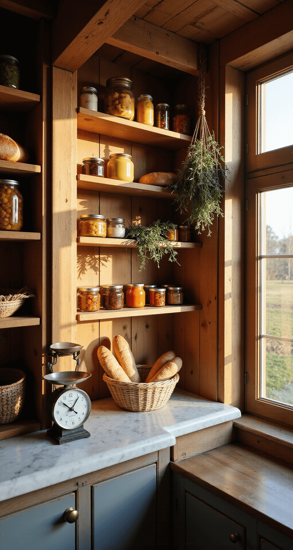 Vintage French Kitchen Style Guide: Transform Your Space with Timeless Charm A rustic pantry filled with vintage preserving jars and woven baskets of fresh baguettes, illuminated by warm afternoon light. Dried herbs hang from beams, and an antique scale rests on a weathered marble counter, all captured in a low aperture shot that emphasizes preserved goods and depth.