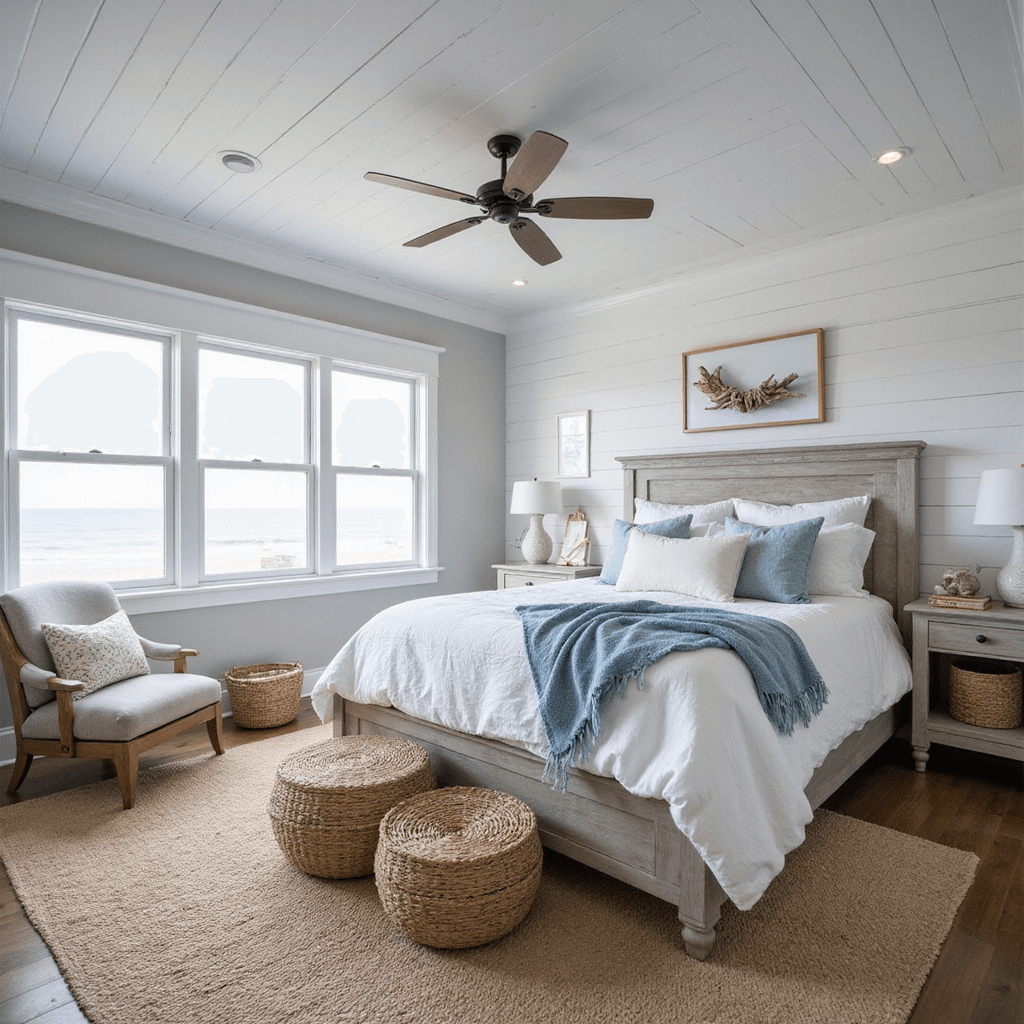 Grey Bedrooms: Your Ultimate Guide to Sophisticated, Serene Sleeping Spaces Coastal-inspired grey bedroom featuring a white shiplap ceiling, pearl grey walls, and a weathered grey wooden bed frame with cloud-white linens and soft blue accents, accented by a jute rug, woven baskets, and driftwood art, all bathed in natural light from beach-facing windows.
