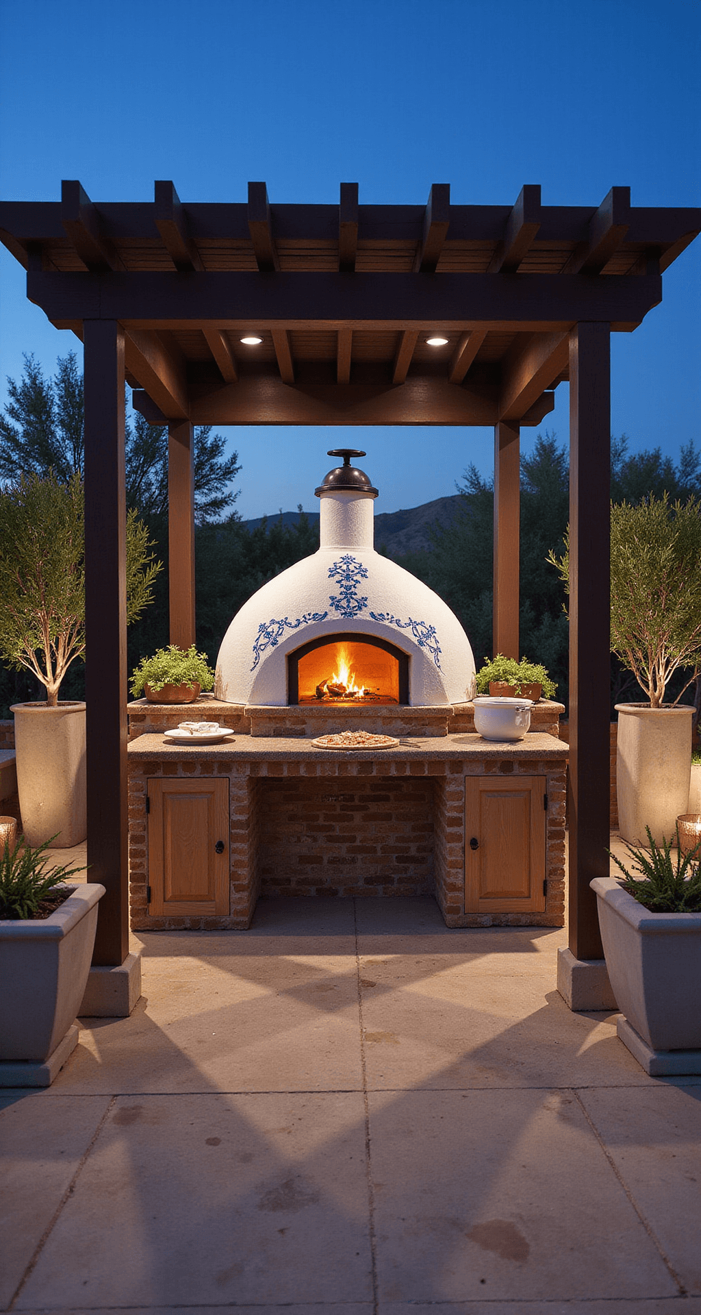 Outdoor Kitchens with Pizza Ovens: Your Backyard's Culinary Paradise Mediterranean outdoor kitchen at twilight featuring a white dome pizza oven with blue tiles, surrounded by weathered brick and rustic wooden cabinets, framed by olive trees in planters, with soft lighting highlighting the cooking area and a pizza preparation scene.