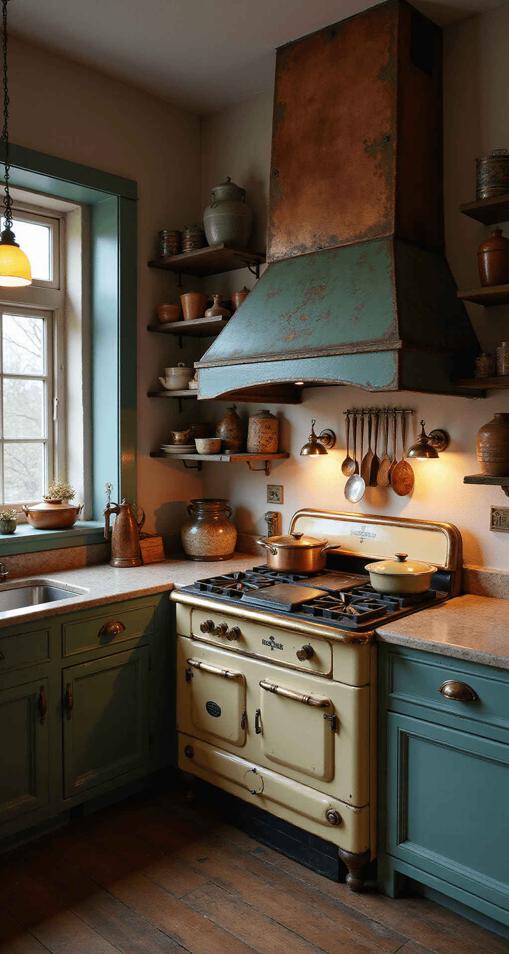 Vintage French Kitchen Style Guide: Transform Your Space with Timeless Charm A cozy kitchen corner at dusk featuring a vintage cream and brass stove, a verdigris copper hood, open shelves filled with earthenware crocks and vintage utensils, and well-worn stone countertops, all illuminated by soft light from antique sconces, capturing a warm and lived-in atmosphere.