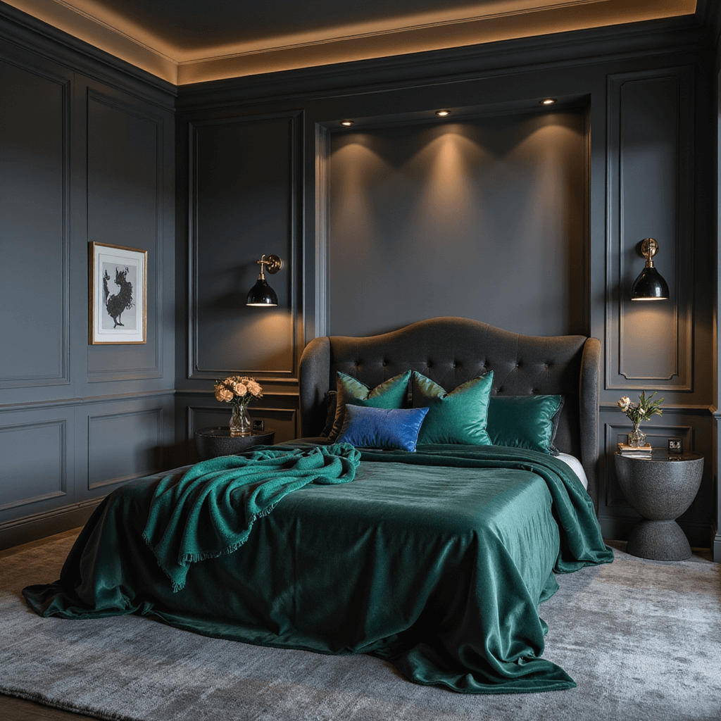 Grey Bedrooms: Your Ultimate Guide to Sophisticated, Serene Sleeping Spaces A contemporary grey bedroom with jewel tone accents, featuring a modern wing bed in deep grey velvet, accented by emerald and sapphire throws. The room is illuminated with architectural cove lighting and strategic uplighting, highlighting polished chrome fixtures and rich textures in an evening setting.
