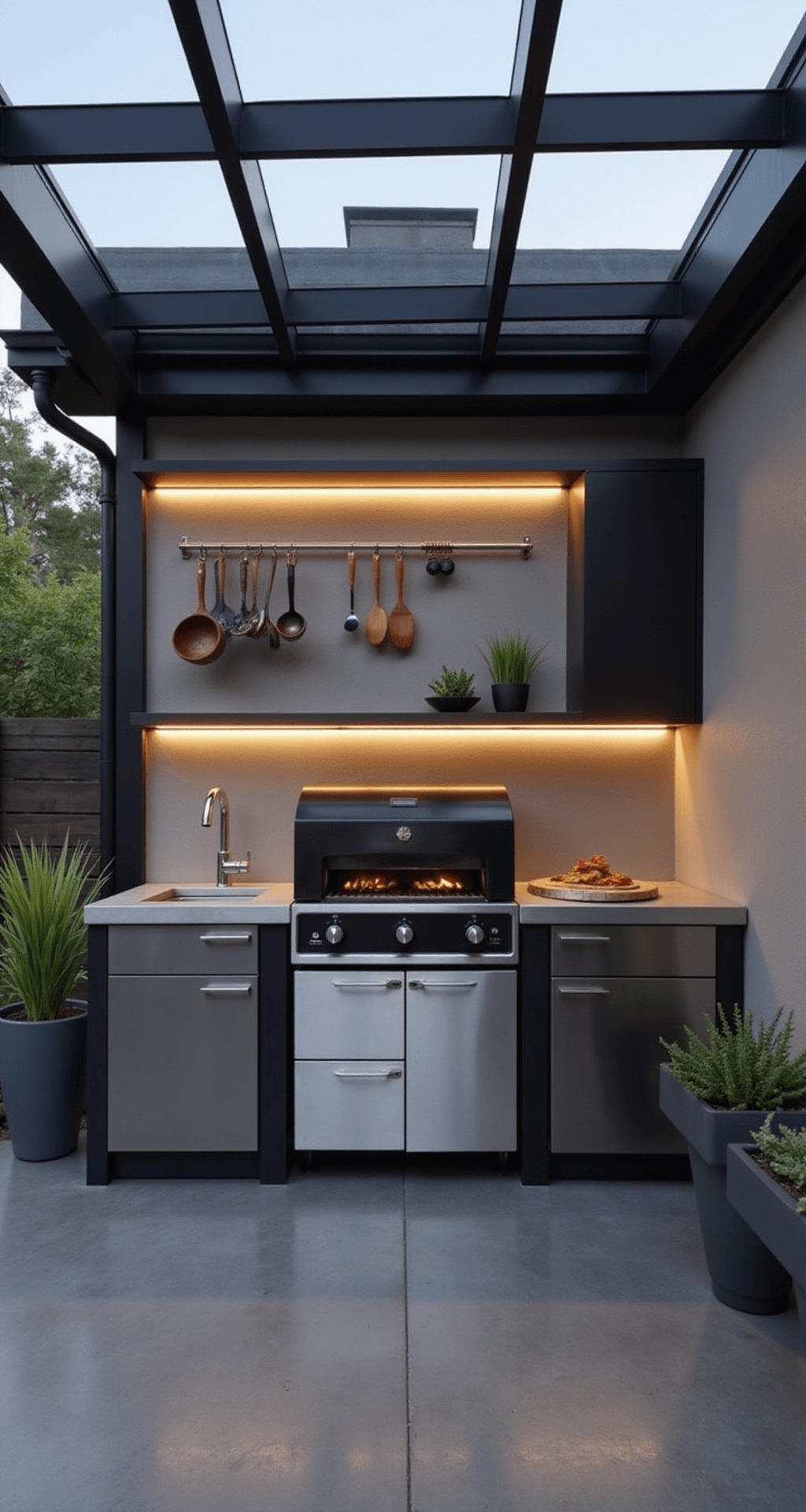 Outdoor Kitchens with Pizza Ovens: Your Backyard's Culinary Paradise Contemporary minimal outdoor kitchen with sleek black gas pizza oven, brushed steel countertops, and dark grey concrete floors, featuring glass roof panels and linear LED lighting, organized cooking tools on a magnetic wall strip, geometric planters with succulents, and dramatic side lighting.