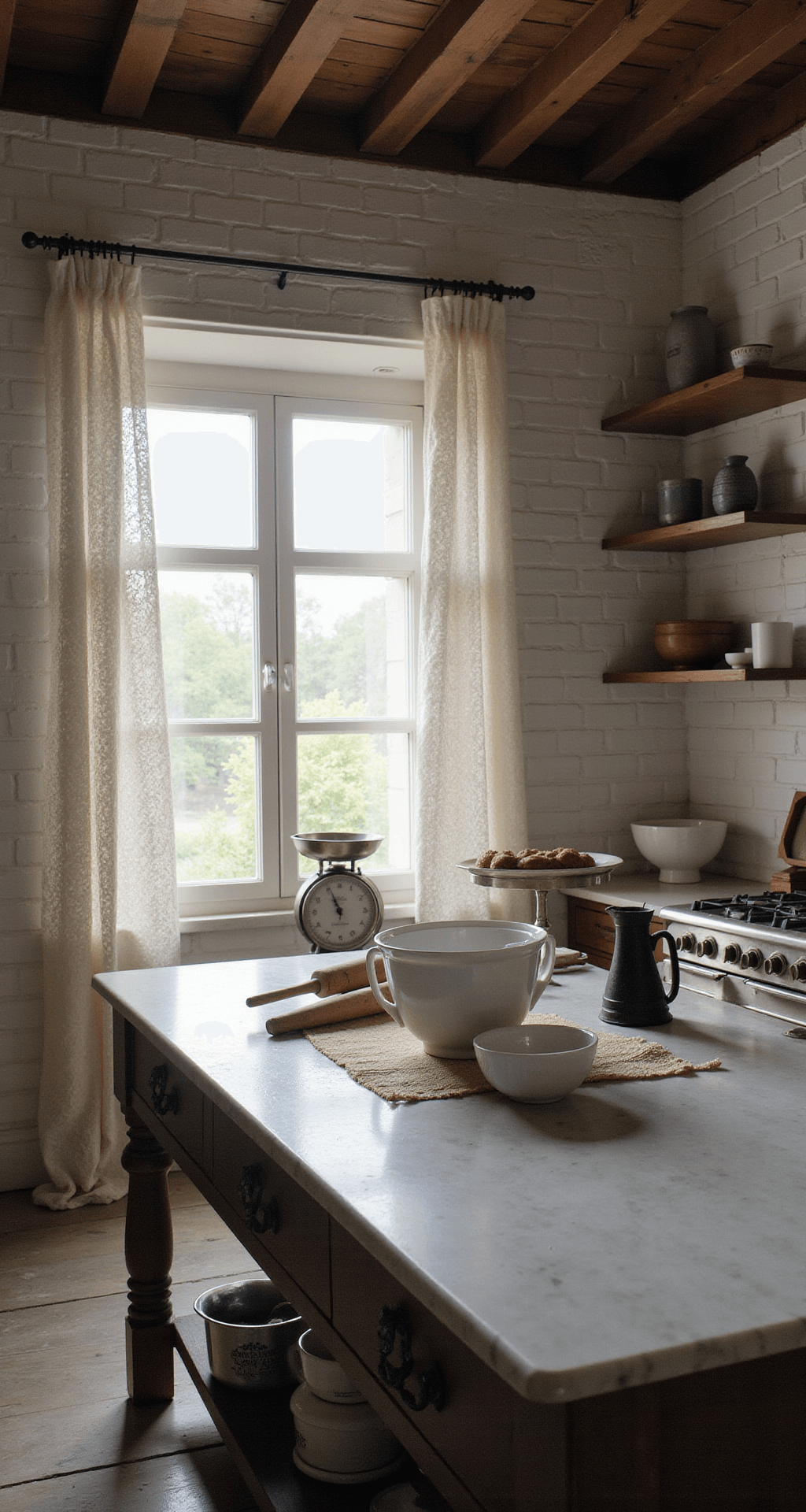 Vintage French Kitchen Style Guide: Transform Your Space with Timeless Charm An overhead view of a sunlit baking scene featuring a marble-topped island adorned with vintage rolling pins and ceramic mixing bowls, surrounded by white-painted brick walls and dark wooden beams, with lace curtains filtering light and creating intricate shadows, along with antique scales and measuring cups arranged thoughtfully.
