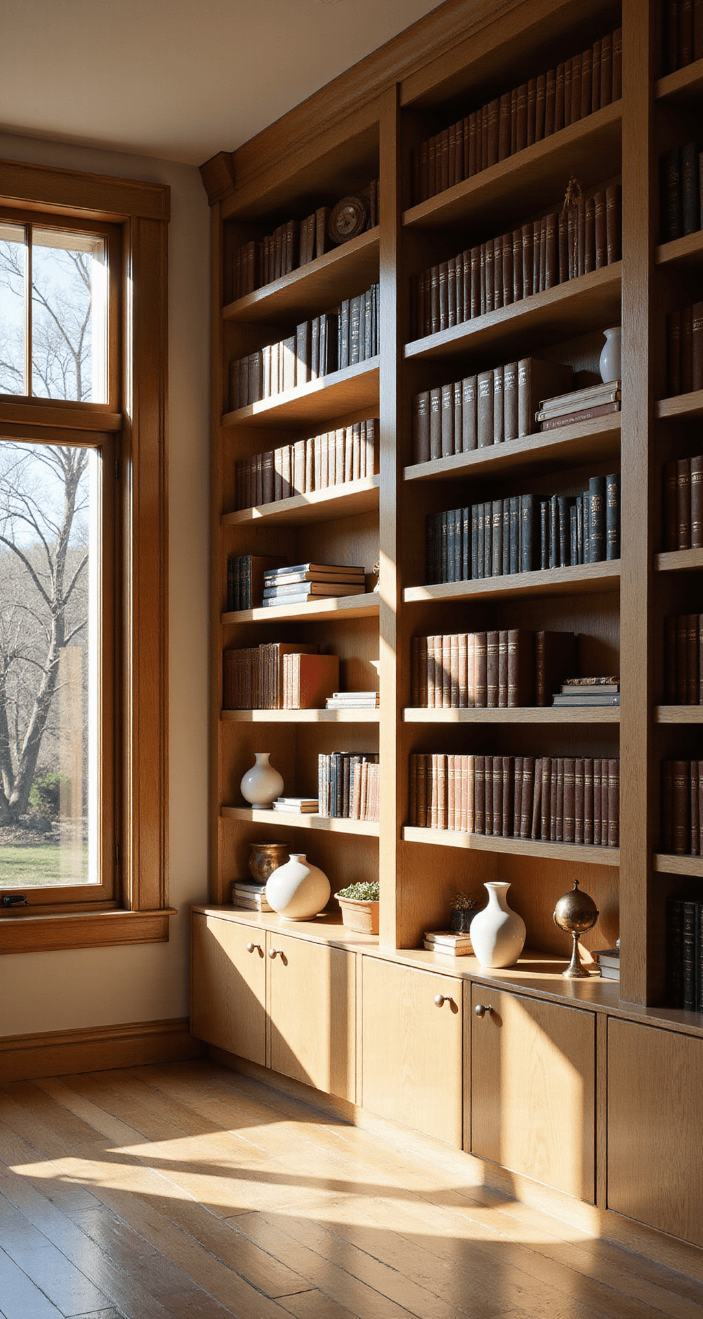 Bookcase Styling: Transform Your Shelves into a Stunning Visual Story A modern study with a floor-to-ceiling white oak bookcase filled with leather-bound books, brass objects, and potted succulents, illuminated by late afternoon sunlight filtering through tall windows, creating a scholarly yet serene atmosphere.