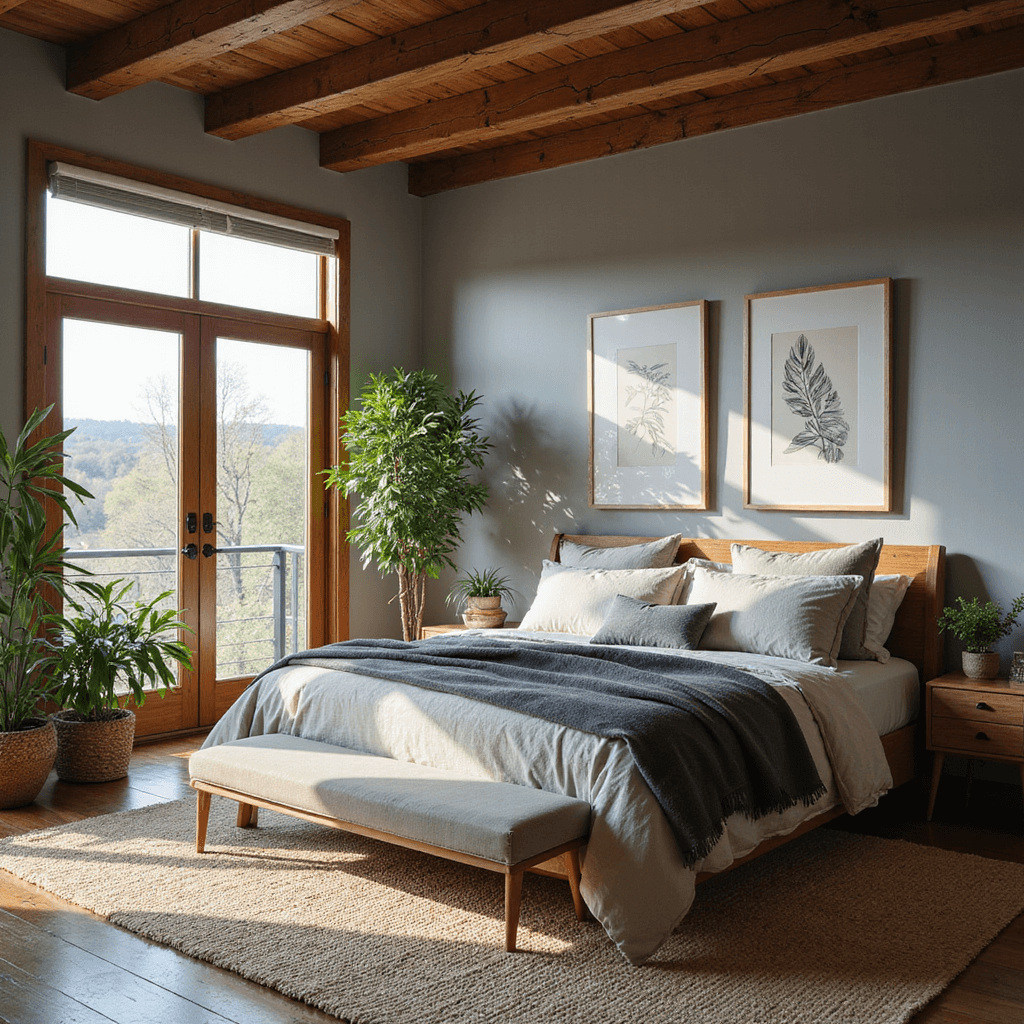 Grey Bedrooms: Your Ultimate Guide to Sophisticated, Serene Sleeping Spaces A warm and inviting organic modern grey bedroom featuring exposed wooden beams, floor-to-ceiling windows, and layered bedding in grey tones, accented with cream. Natural wood furniture, woven textures, live plants, and stone elements create a grounded atmosphere, enhanced by soft, diffused mid-morning light.