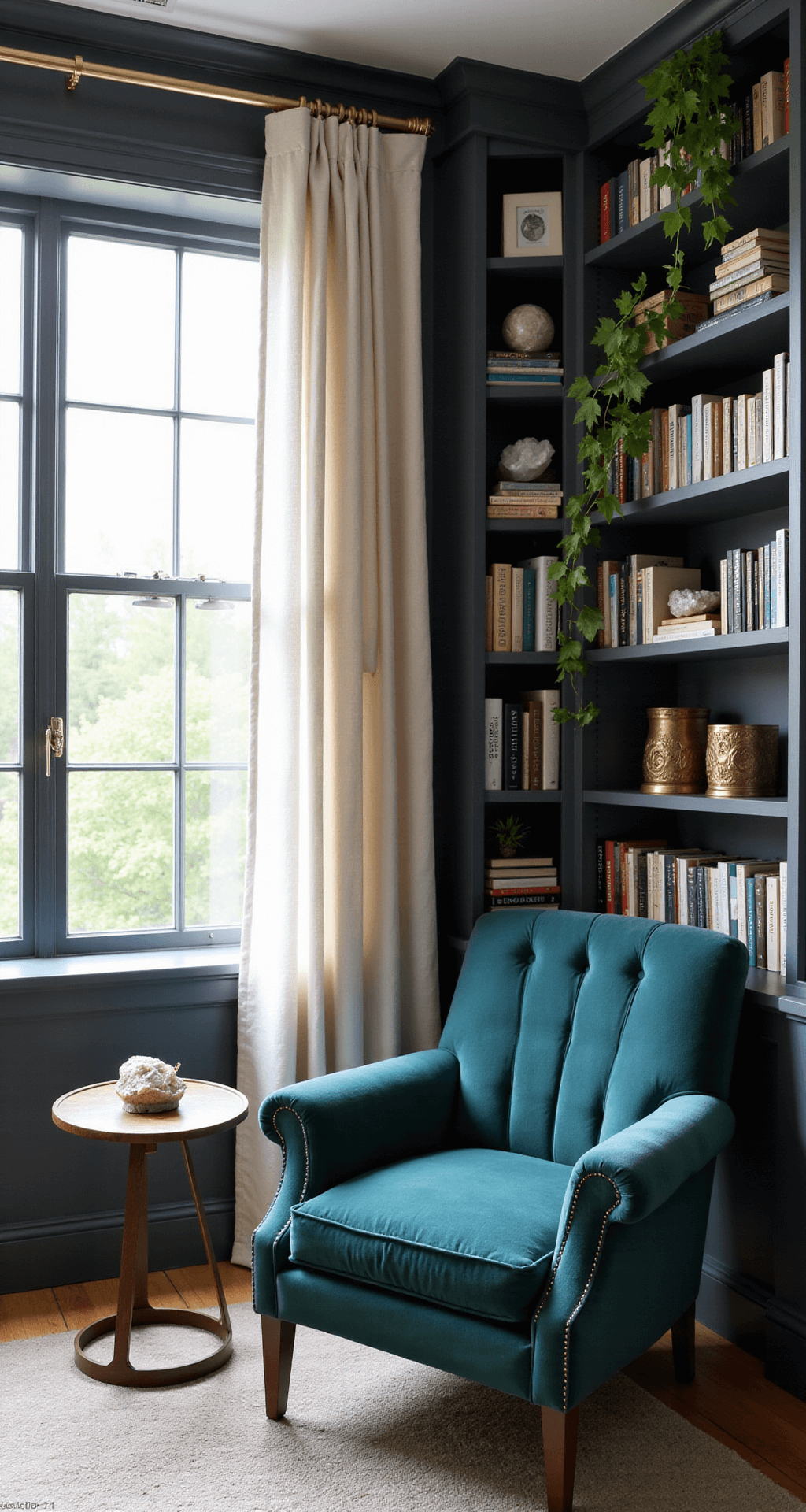 Bookcase Styling: Transform Your Shelves into a Stunning Visual Story A cozy reading nook featuring a charcoal grey built-in bookcase around a bay window, illuminated by soft early morning light. The shelves are filled with color-blocked books in muted blues and greens, accented by vintage brass bookends and crystal geodes. A plush deep teal velvet chair anchors the space, while trailing ivy adds a touch of nature. The low-angle view enhances the nook's height and warmth.