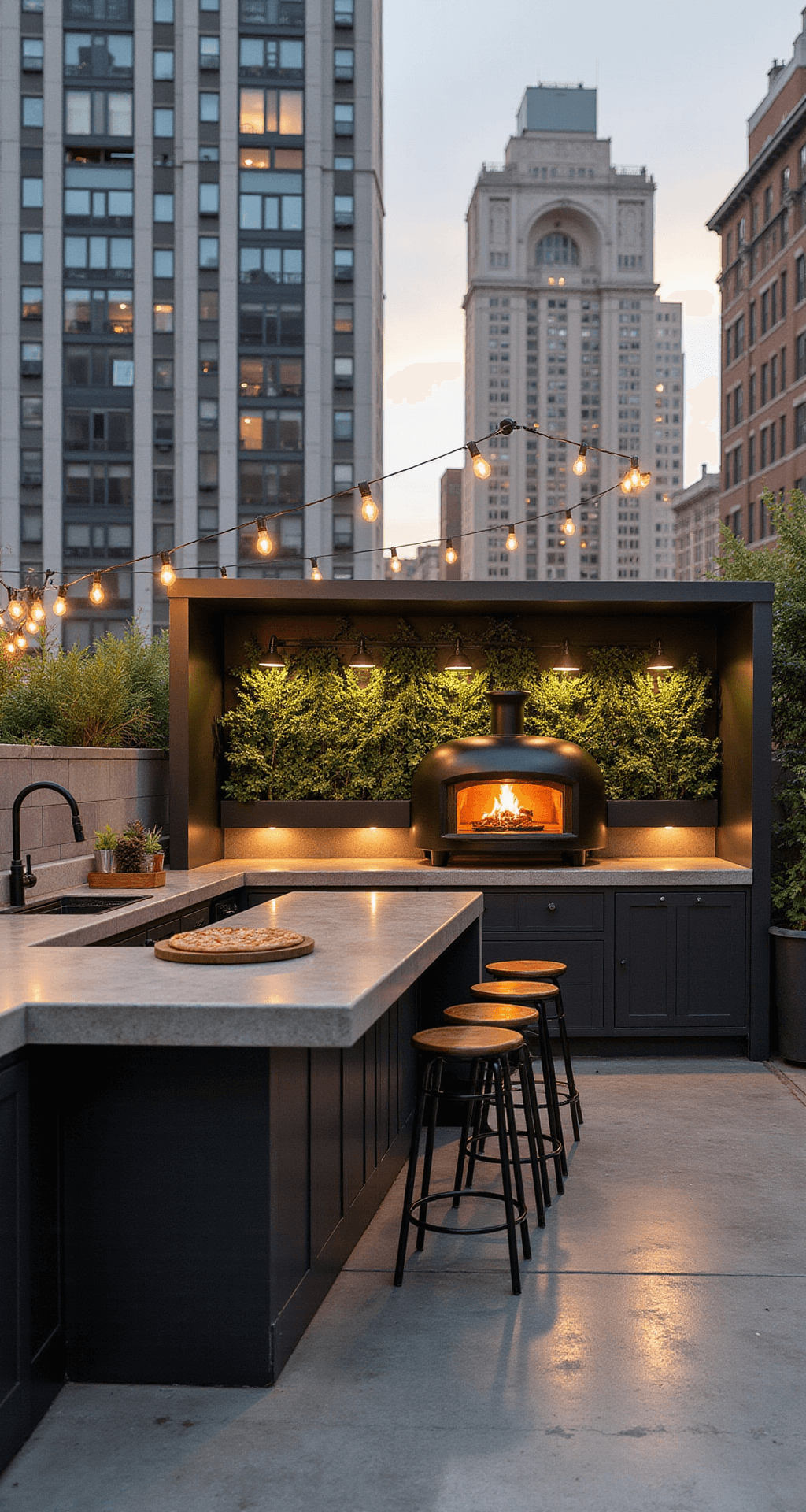 Outdoor Kitchens with Pizza Ovens: Your Backyard's Culinary Paradise Urban rooftop kitchen with a compact pizza oven, polished concrete surfaces, steel framework, and a built-in herb garden wall, featuring city skyline views and string lights for ambiance; contemporary bar seating at the counter edge and golden hour lighting.