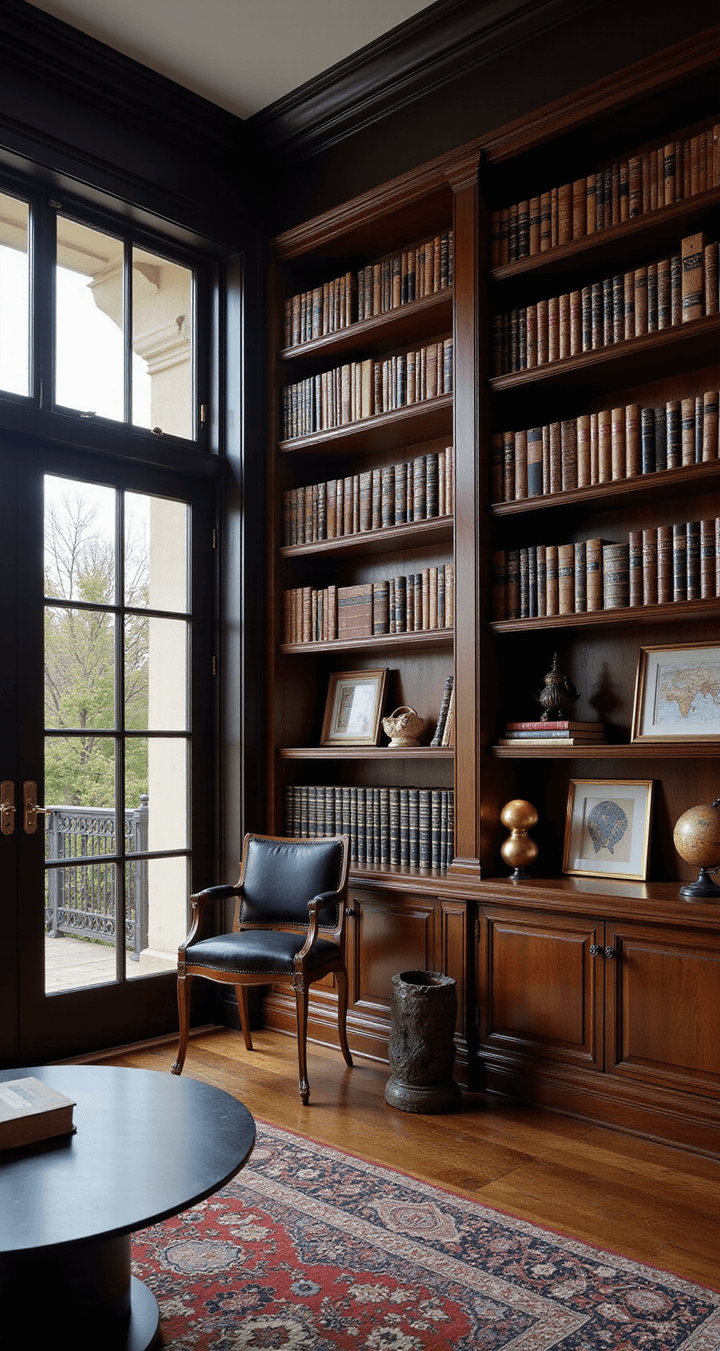 Bookcase Styling: Transform Your Shelves into a Stunning Visual Story A luxurious home library with dark walnut bookcases, a brass library ladder, and leather-bound books, illuminated by dusk light through French doors, featuring vintage map prints, antique globes, and sculptural objects, all captured in dramatic lighting for a timeless atmosphere.