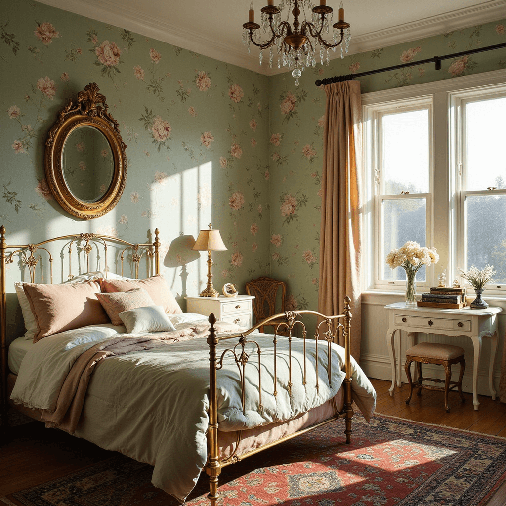 Aesthetic Bedroom Ideas: Transform Your Space into a Personal Haven Vintage romance bedroom featuring a brass bed with muted linens, an antique vanity with a gilt mirror, floral wallpaper, and a Persian rug, all illuminated by late afternoon light and a crystal chandelier.
