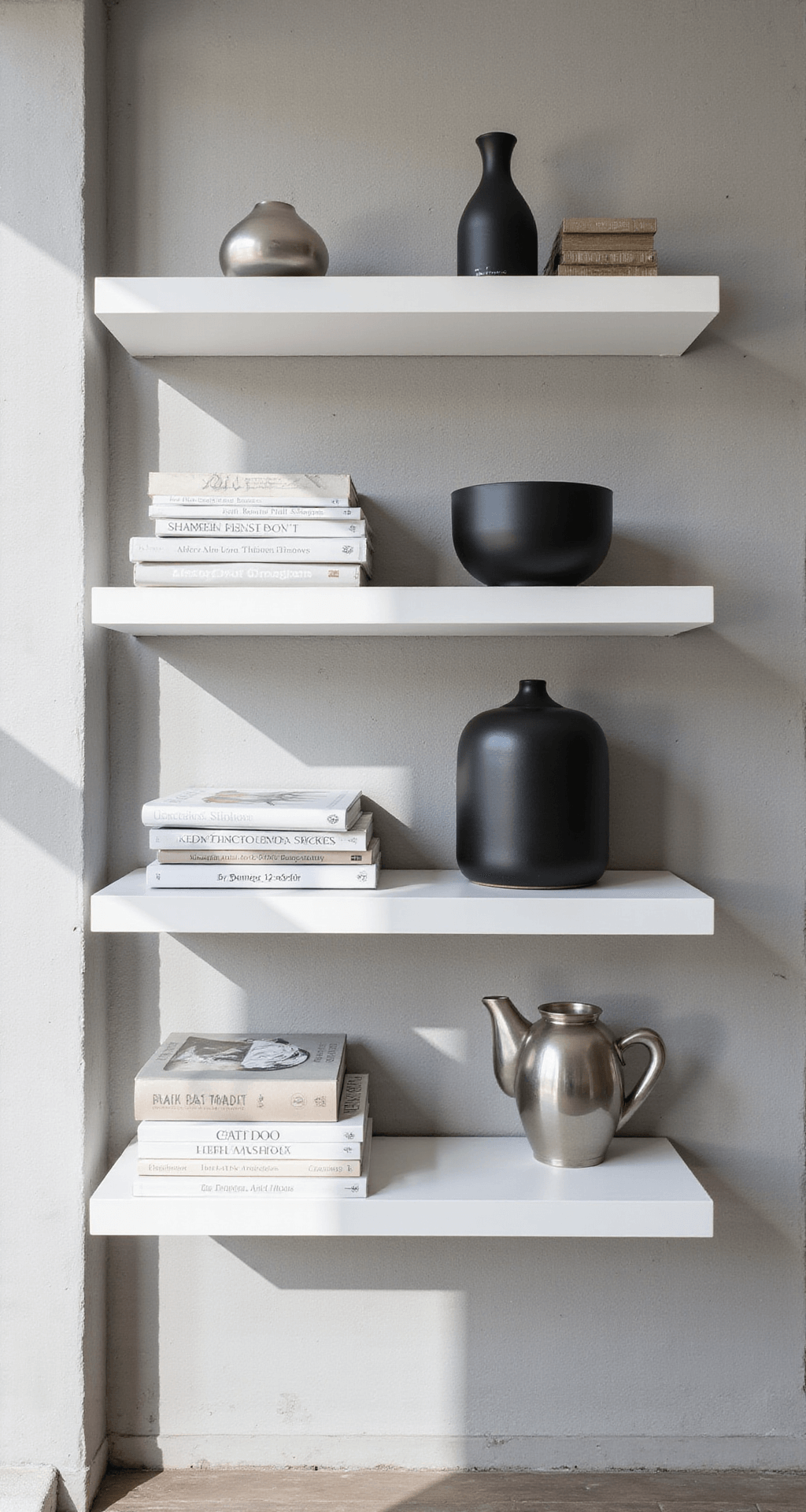 Bookcase Styling: Transform Your Shelves into a Stunning Visual Story A contemporary 14x16ft living room featuring textured concrete walls and floating white shelves, arranged with art books, matte black ceramics, and brushed silver objects in a minimalist Scandinavian style, illuminated by soft mid-morning light.
