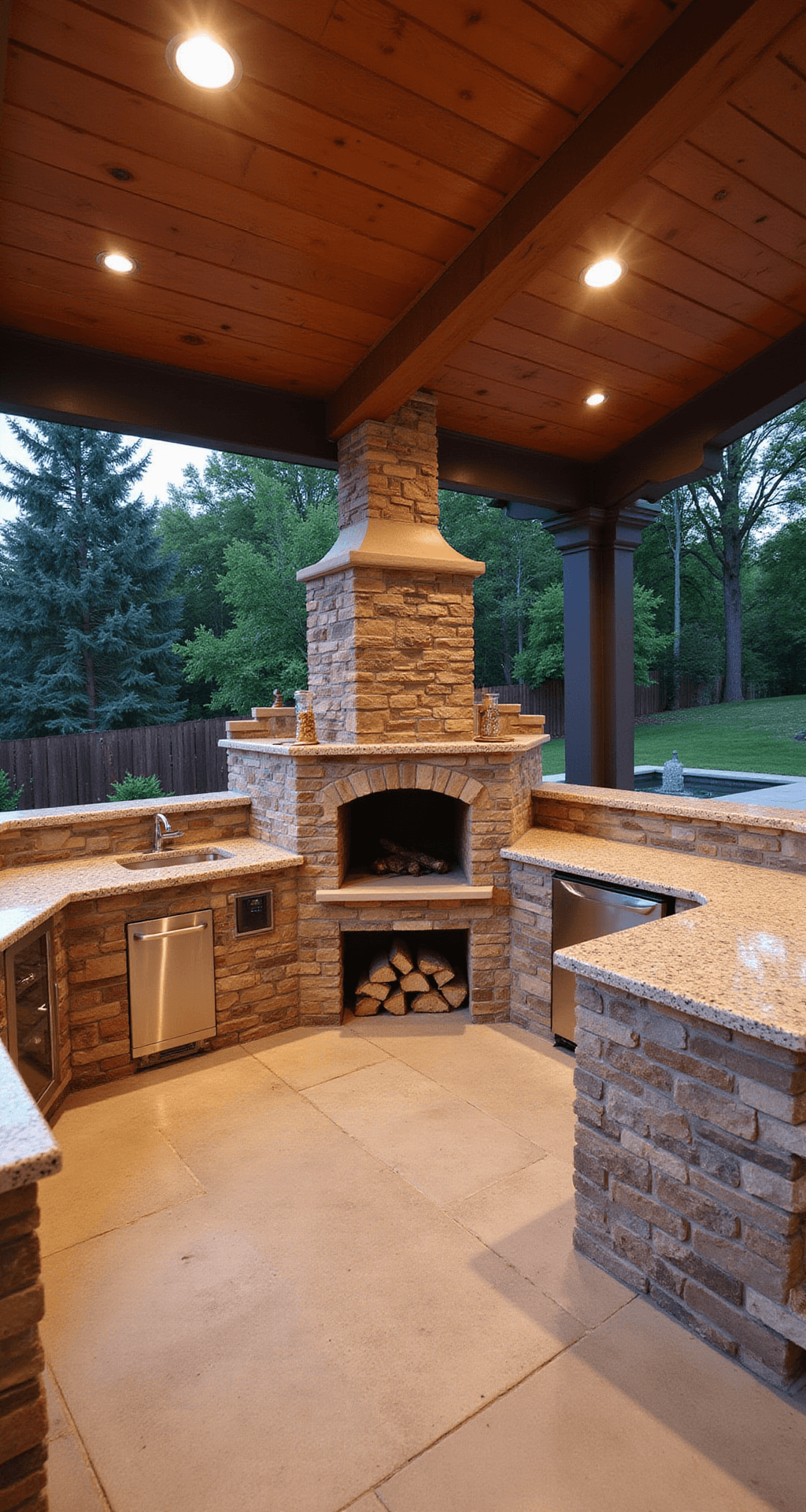 Outdoor Kitchens with Pizza Ovens: Your Backyard's Culinary Paradise A family-friendly outdoor kitchen on a covered patio, featuring a hybrid wood/gas pizza oven, granite countertops, built-in bench seating with weather-resistant cushions, and warm recessed lighting, all designed for safety and functionality.