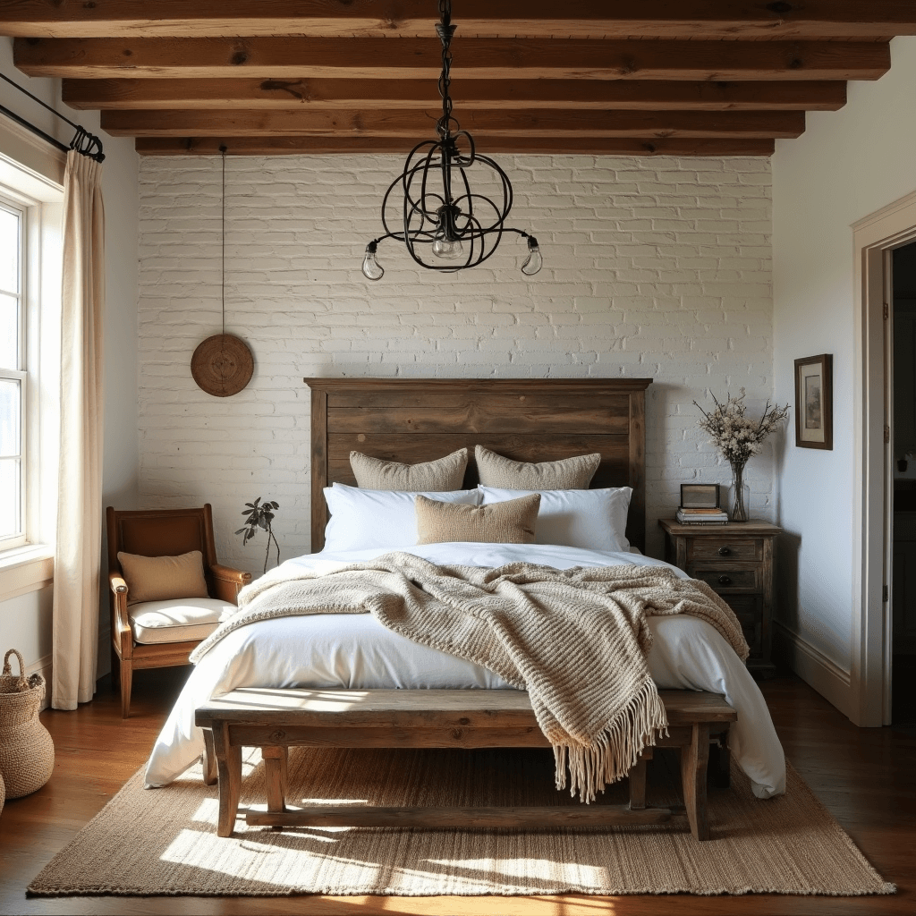 Aesthetic Bedroom Ideas: Transform Your Space into a Personal Haven Rustic bedroom featuring exposed wooden ceiling beams, a reclaimed barn wood headboard against a white-washed brick wall, a king bed with cream chunky knit throws and vintage quilts, a distressed leather armchair in a reading nook, a jute rug, and natural woven baskets for storage, all bathed in warm afternoon light.