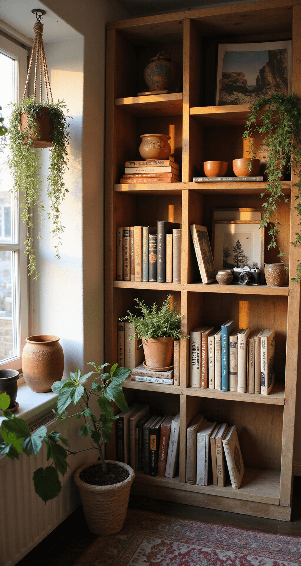 Bookcase Styling: Transform Your Shelves into a Stunning Visual Story A cozy bohemian artist's studio featuring reclaimed wood bookcases, bathed in warm golden hour light. The space includes an eclectic mix of art books, vintage cameras, and handmade pottery in earthy terracotta tones, accented by macramé plant hangers with trailing vines. The color palette showcases warm neutrals with splashes of rust and sage, all captured from a corner angle with natural lighting.