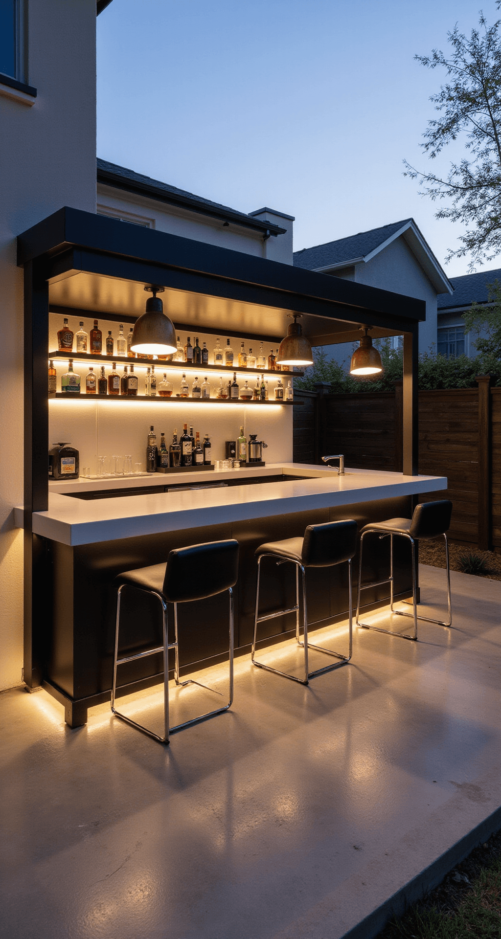 Patio Bar Ideas: Transform Your Outdoor Space into an Epic Entertaining Hub A modern minimalist patio bar at golden hour, featuring a floating L-shaped bar with a matte black metal frame and white quartz countertop, three chrome bar stools with black leather seats, and backlit glass shelving displaying spirits, all set on a textured concrete patio with dramatic shadows.
