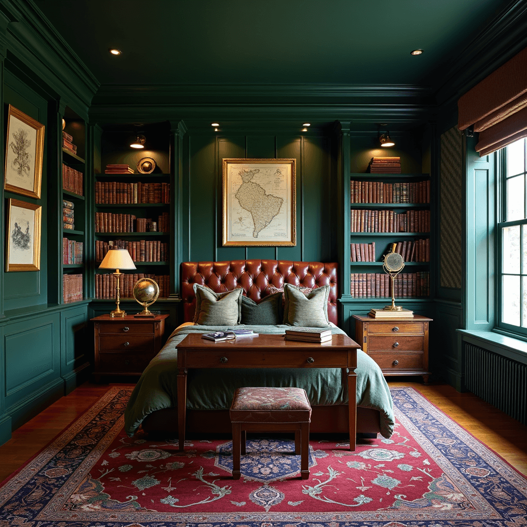 Aesthetic Bedroom Ideas: Transform Your Space into a Personal Haven A cozy dark academia bedroom featuring deep emerald walls, floor-to-ceiling bookshelves filled with leather-bound books, a Chesterfield leather headboard against a herringbone wallpaper accent wall, and a mahogany desk with a vintage brass library lamp and globe. An intricate Oriental carpet in deep burgundy and navy covers the floor, while antique maps and scientific illustrations in gilt frames adorn the walls. Moody lighting from brass sconces enhances the scholarly atmosphere.