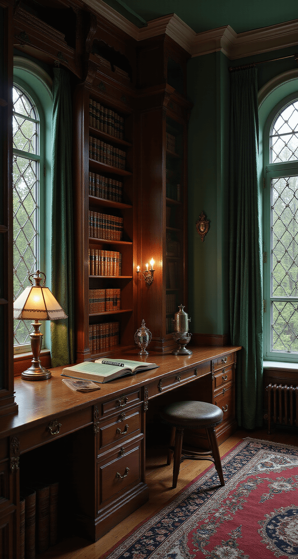Bookcase Styling: Transform Your Shelves into a Stunning Visual Story A luxurious gentleman's study with emerald green walls, mahogany built-ins, and ambient lighting from brass library lamps, featuring first-edition leather-bound books, vintage decanters, and bronze sculptures, framed by heavy silk curtains and leaded glass windows.