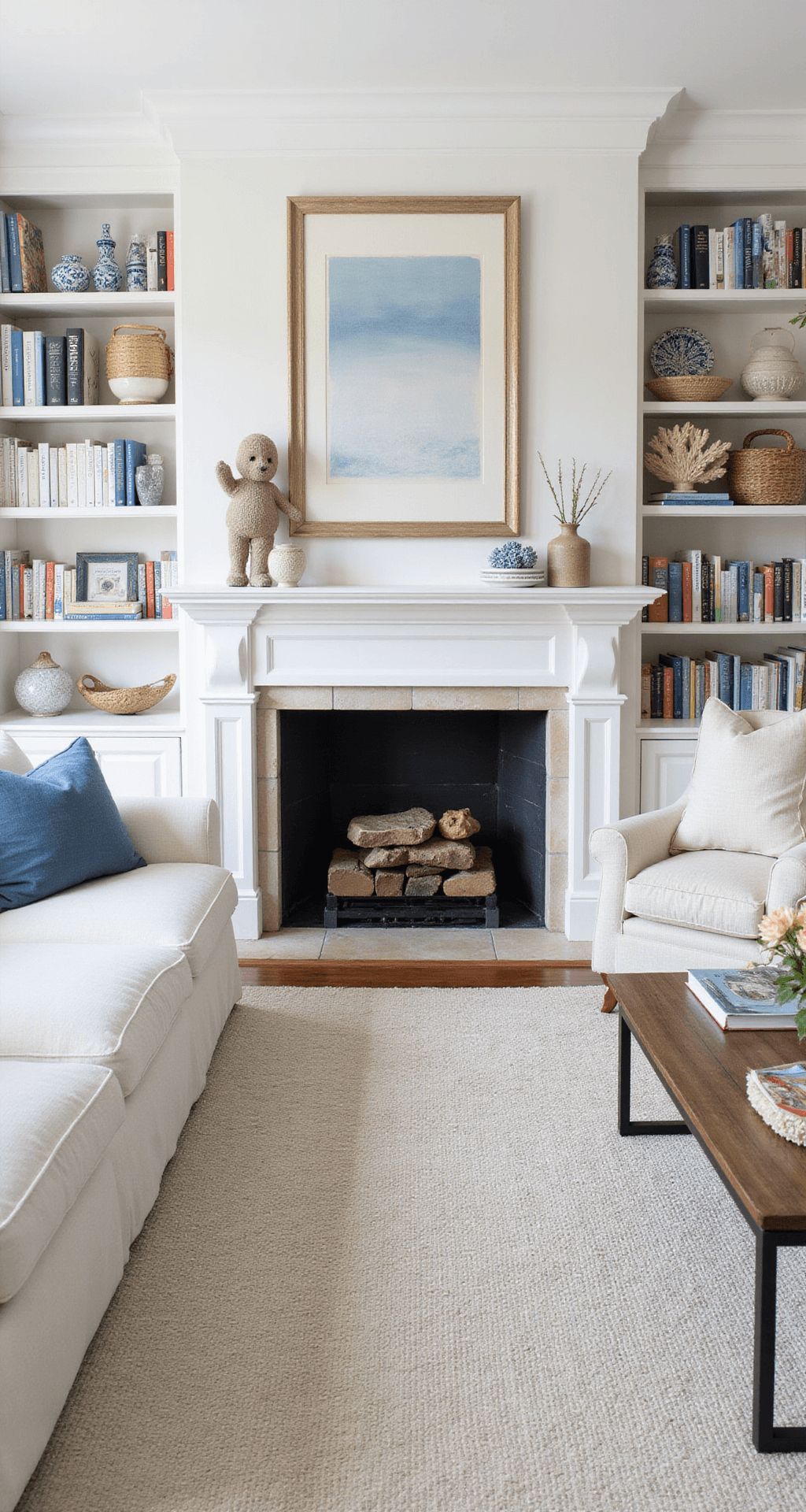 Bookcase Styling: Transform Your Shelves into a Stunning Visual Story A bright family room with white bookcases beside a limestone fireplace, sunlight reflecting off white surfaces; books arranged by size alongside coral, ceramics, and baskets, featuring sandy beige and soft blue textiles, evoking a fresh and relaxed coastal atmosphere.
