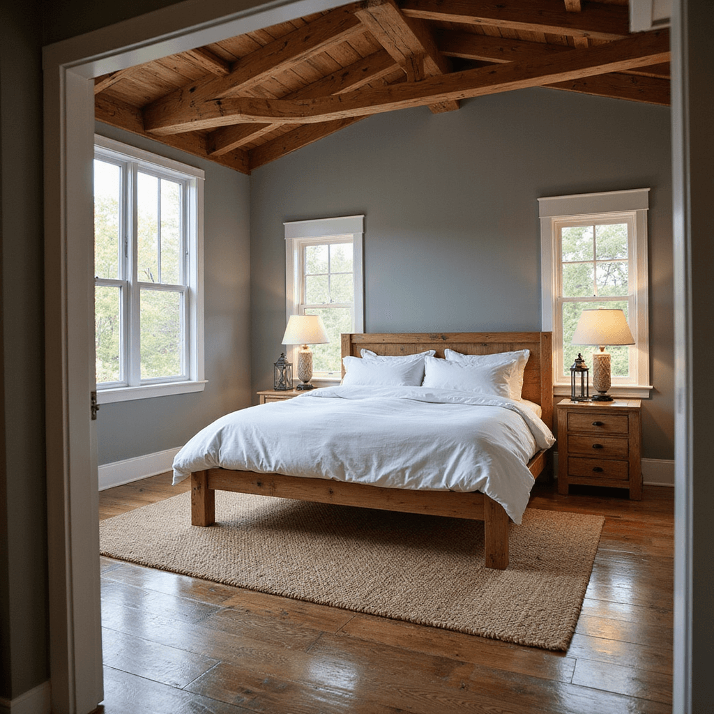 Bloxburg Bedroom Ideas: Unleash Your Creative Virtual Design Potential Cozy cabin-style bedroom featuring exposed wooden beams, a rustic oak platform bed with white linen bedding, and vintage-style lanterns on natural wood nightstands, with a large window allowing warm late afternoon sunlight to fill the space. The earthy jute rug lies over wooden flooring, while the hurricane gray accent wall and white trim enhance the inviting atmosphere.