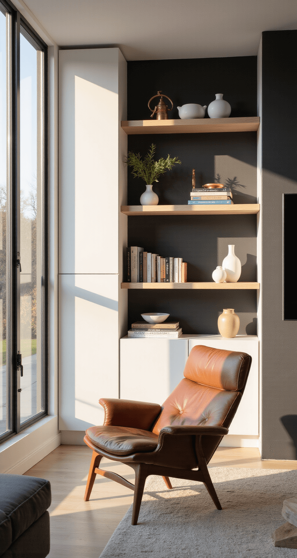 Transform Your Space: The Ultimate Guide to Creating a Stunning Bookcase Wall A sunlit modern minimalist living room featuring floor-to-ceiling white built-in bookcases, with golden hour light streaming through tall windows and casting shadows. The room has white oak floating shelves against a matte charcoal wall, with books arranged in monochromatic blocks, minimal brass objects, and white ceramic vessels. A cognac leather Danish modern lounge chair is positioned at a 45° angle. The image captures depth with a corner perspective and soft focus.