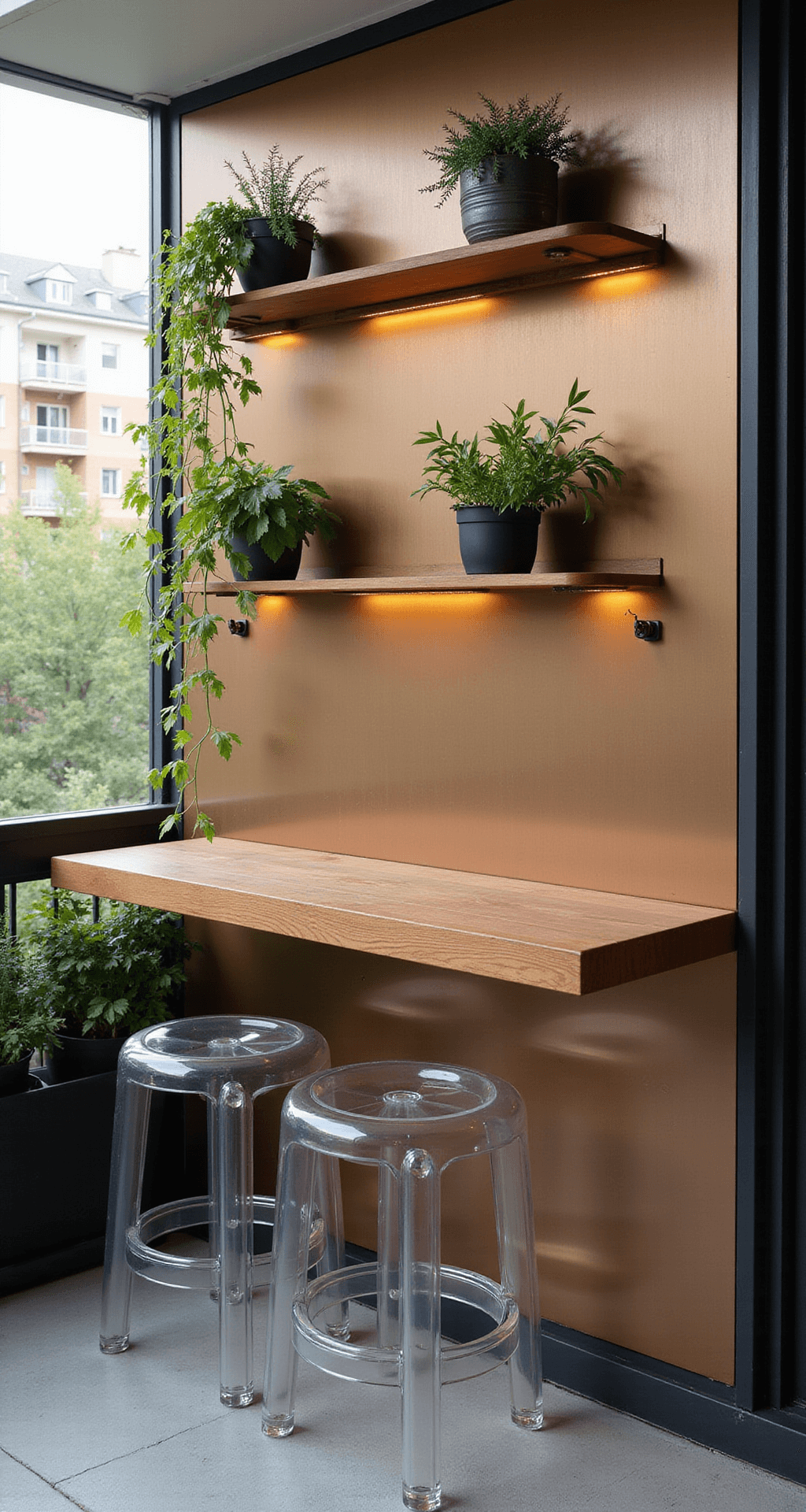 Patio Bar Ideas: Transform Your Outdoor Space into an Epic Entertaining Hub A space-saving wall-mounted patio bar on an urban balcony, featuring a fold-down teak surface against a metallic bronze wall, with two tucked acrylic stools, LED-lit glass shelving, and potted herbs, all captured in soft morning light.