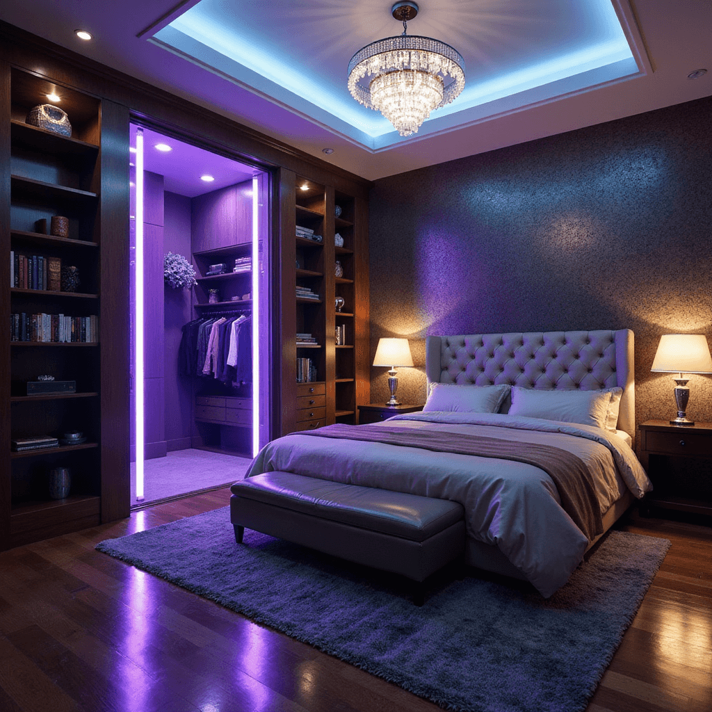 Bloxburg Bedroom Ideas: Unleash Your Creative Virtual Design Potential Luxurious primary bedroom featuring a tufted king bed with champagne silk bedding, illuminated by a crystal chandelier and purple-tinted LED strips from a hidden bookshelf door leading to a walk-in closet, all captured at blue hour with high-gloss wooden flooring reflecting ambient light.