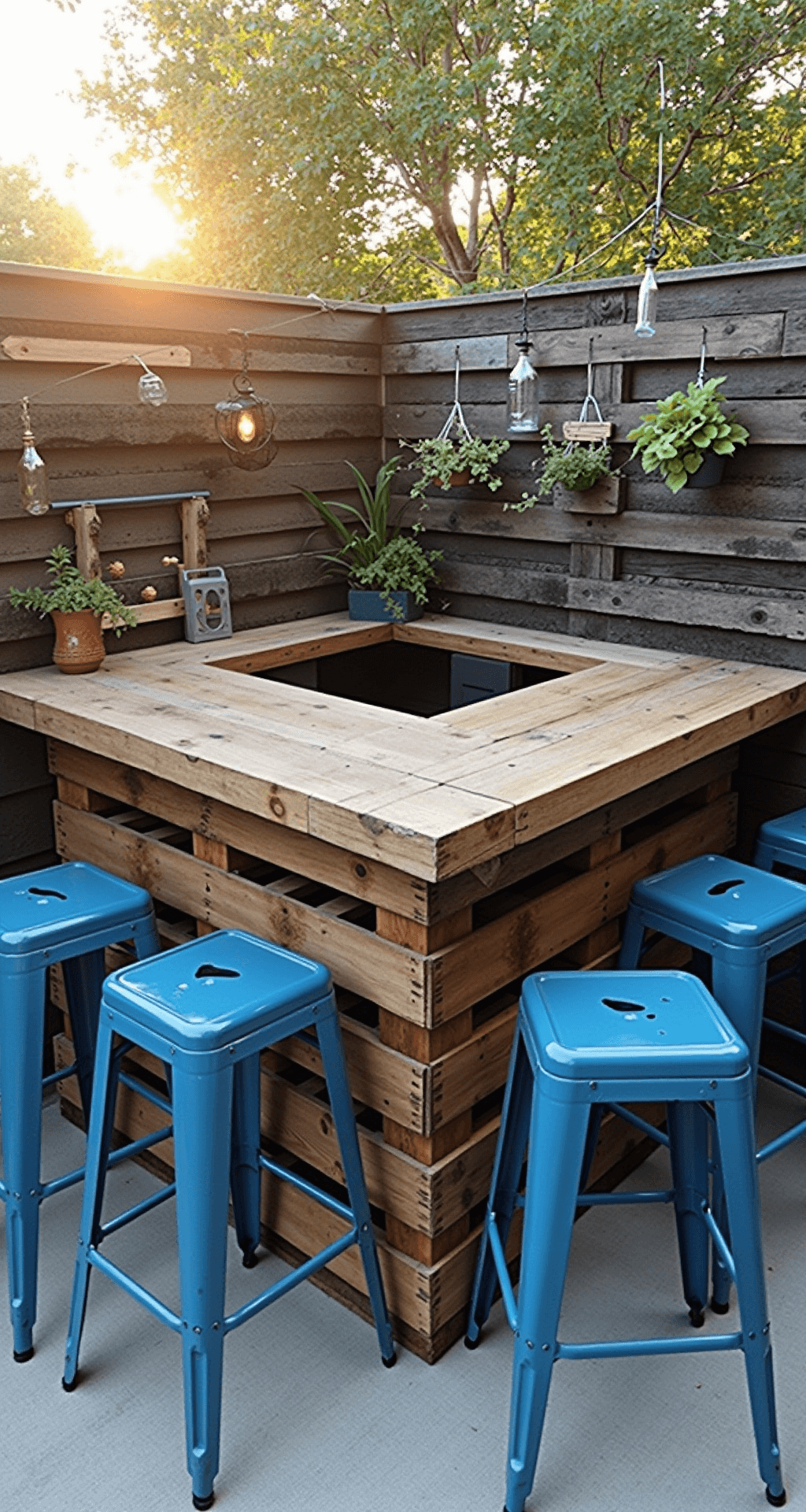 Patio Bar Ideas: Transform Your Outdoor Space into an Epic Entertaining Hub A cozy budget-friendly DIY pallet bar on a 10x12ft patio, featuring an L-shaped design made of stacked shipping pallets. The scene includes whimsical mason jar pendant lights, vintage coastal blue metal stools, and a herb garden wall for fresh garnishes, all bathed in warm golden hour light with string lights adding a warm glow.