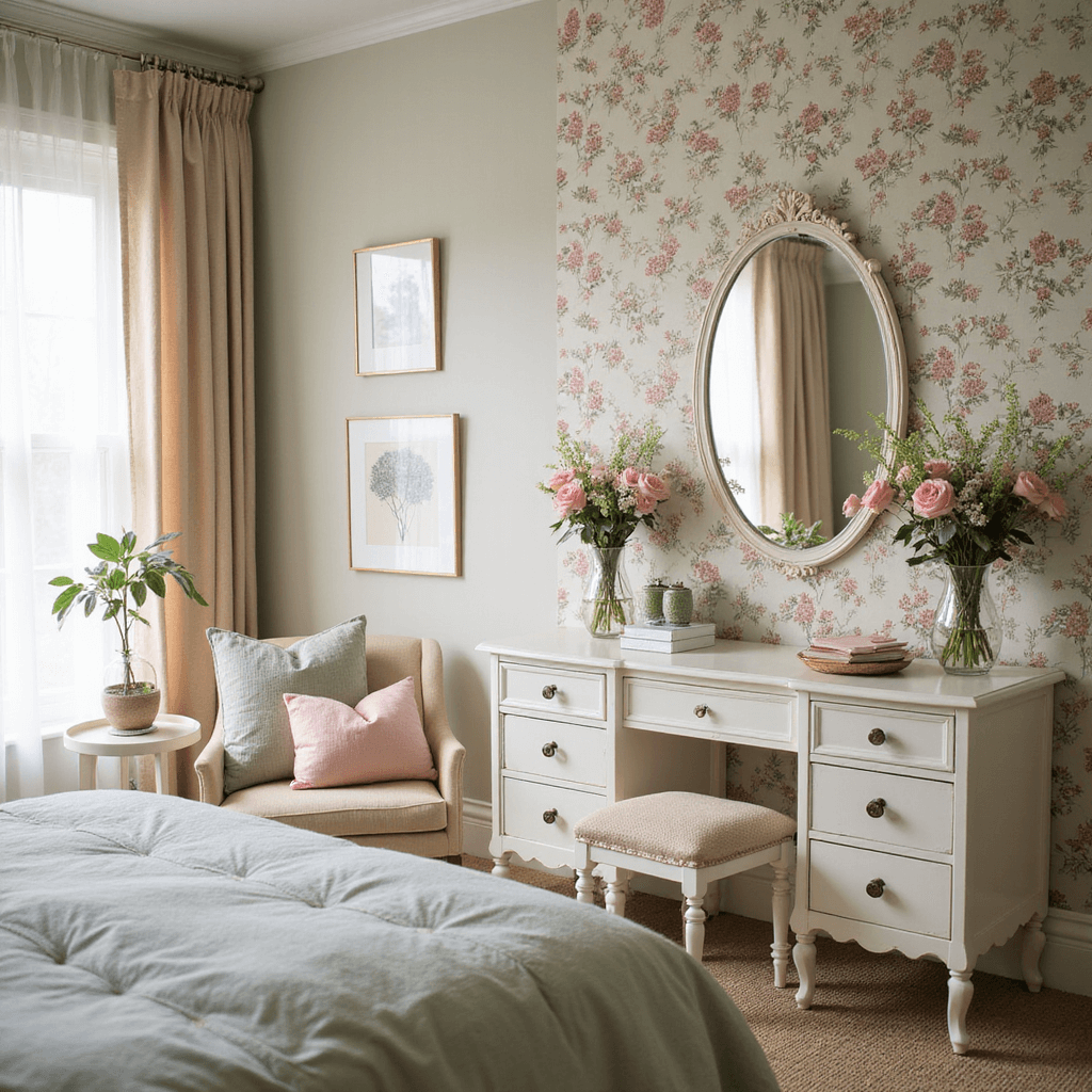 Bloxburg Bedroom Ideas: Unleash Your Creative Virtual Design Potential A cozy spring-themed bedroom featuring floral wallpaper, white furniture with pink and sage accents, fresh flowers in crystal vases, and a vintage-style vanity, all illuminated by soft morning light filtering through sheer curtains.