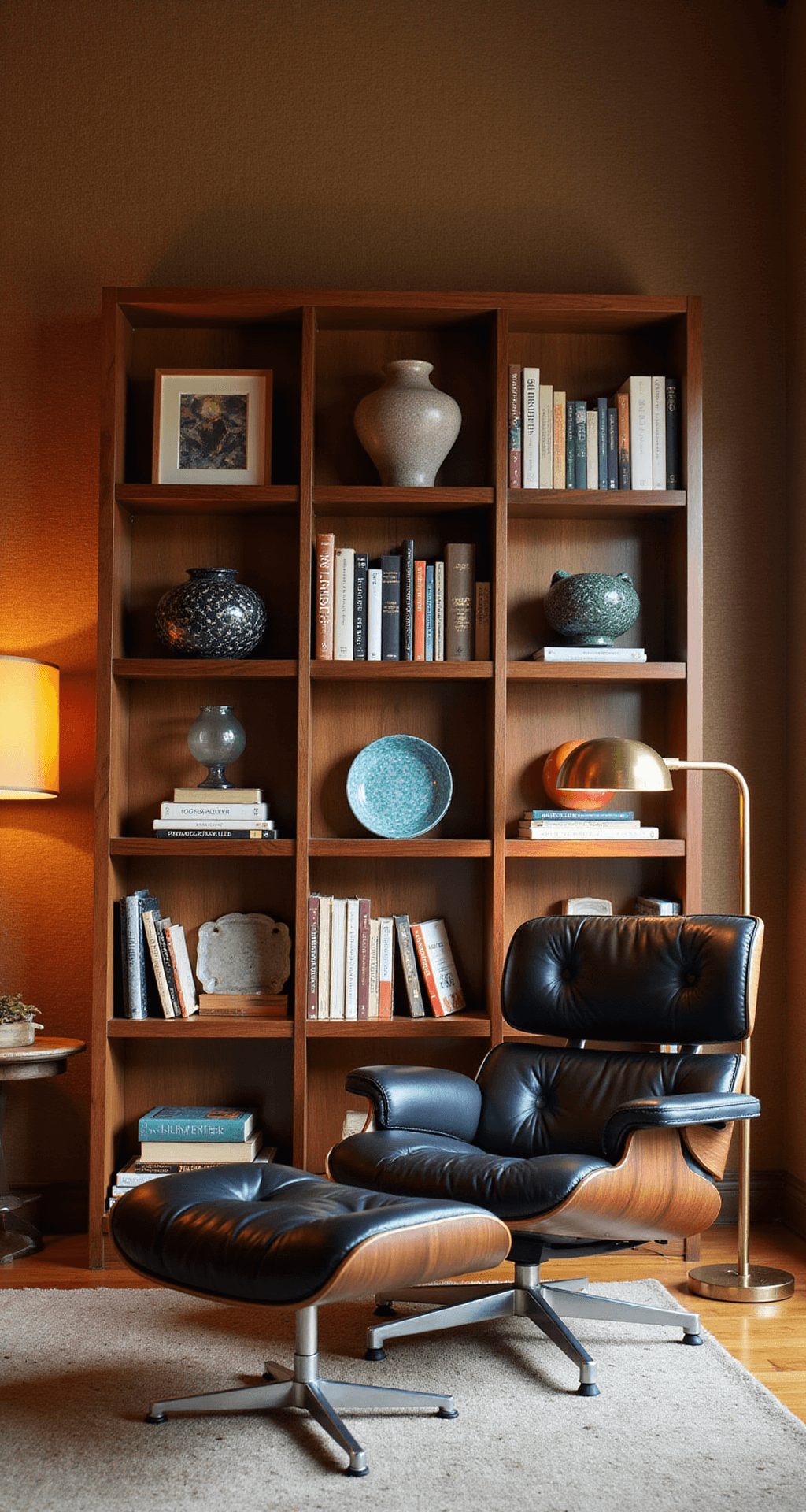 Transform Your Space: The Ultimate Guide to Creating a Stunning Bookcase Wall Mid-century inspired den featuring angled walnut shelving, Eames lounge chair, dusk lighting with a brass floor lamp, geometric pottery, and art glass, against textured grasscloth wallpaper, emphasizing warm wood tones and jewel colors.