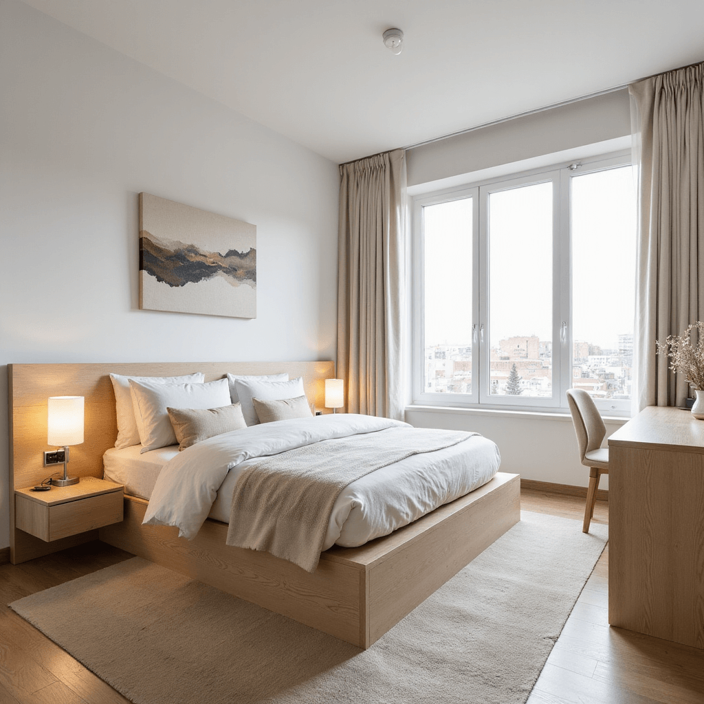 Bloxburg Bedroom Ideas: Unleash Your Creative Virtual Design Potential A minimalist 10x10 bedroom featuring a platform bed with built-in storage, floating nightstands, and a multi-functional desk that converts to a vanity. The room has clean white walls adorned with a single abstract canvas, a neutral palette of beige and cream with subtle texture variations, and is photographed from a corner angle at chest height in bright, even lighting to showcase its space-saving features.