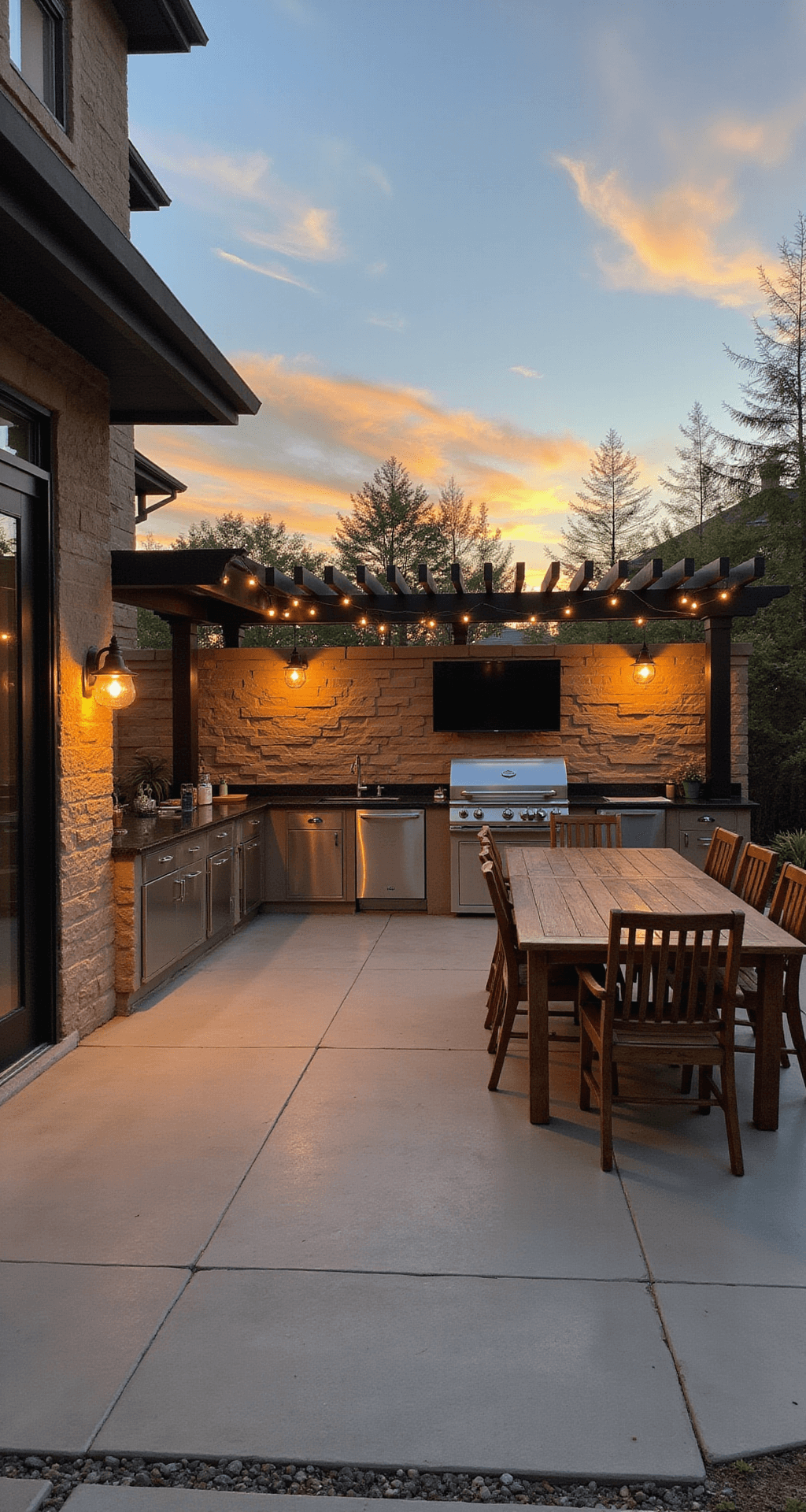 Ultimate Patio BBQ Area Design: Transform Your Outdoor Cooking Space A modern patio BBQ setup at golden hour featuring a built-in stainless steel grill station, polished concrete flooring, dark granite countertops, and a weathered teak dining set under a black aluminum pergola, with warm LED string lights and a natural stone accent wall with a mounted TV, captured from a 45-degree angle.