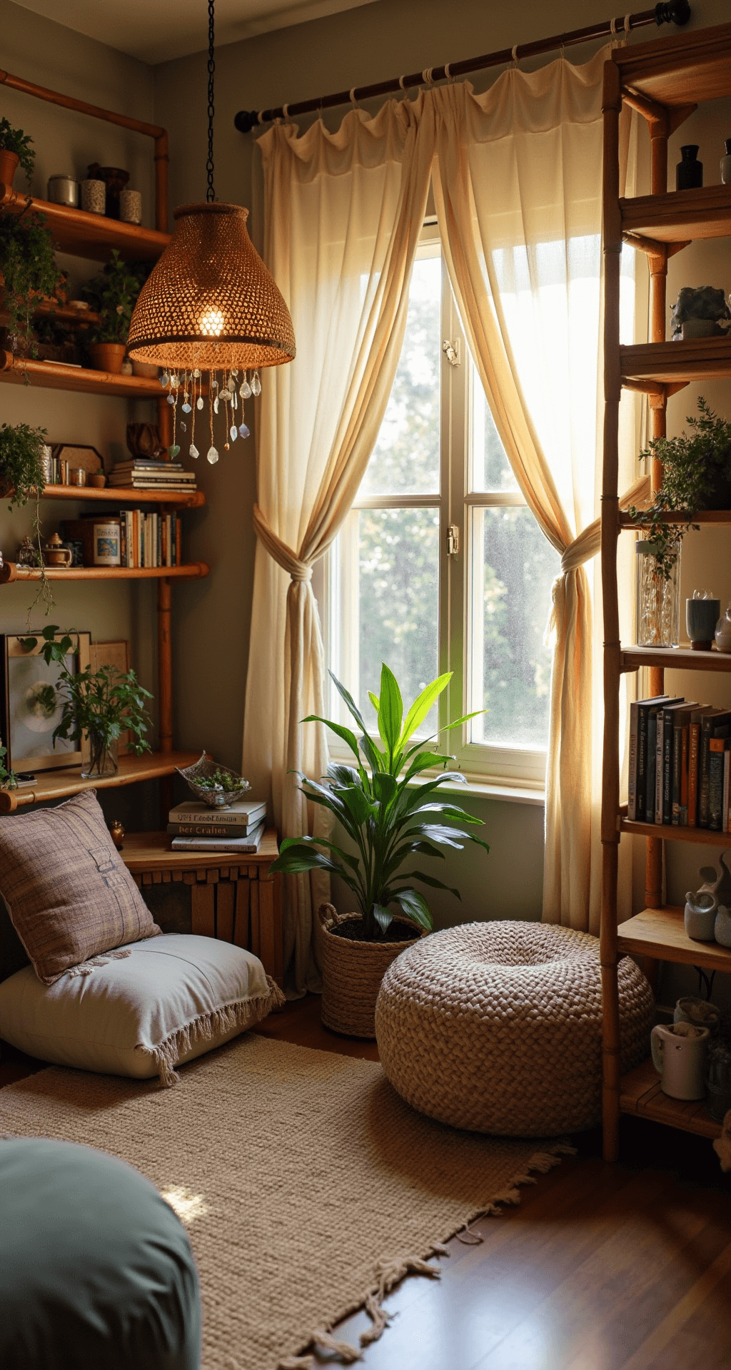 Transform Your Space: The Ultimate Guide to Creating a Stunning Bookcase Wall A cozy bohemian reading corner featuring rattan and wood freestanding shelves, golden hour light filtering through macramé curtains, floor cushions and vintage kilim poufs for seating, hanging plants among art books and crystals, and a natural fiber pendant lamp, all in warm earth tones and organic textures.