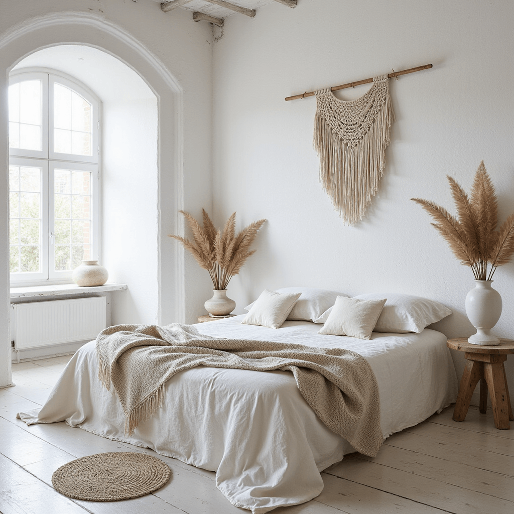 White Bedroom Ideas: Create Your Serene Sanctuary Bohemian white bedroom with architectural archway, flooded with afternoon light, featuring bleached wood floors, low platform bed with vintage French linens, Moroccan wedding blanket, macramé wall hanging, and dried pampas grass in ceramic vessels, captured at a 45-degree angle.