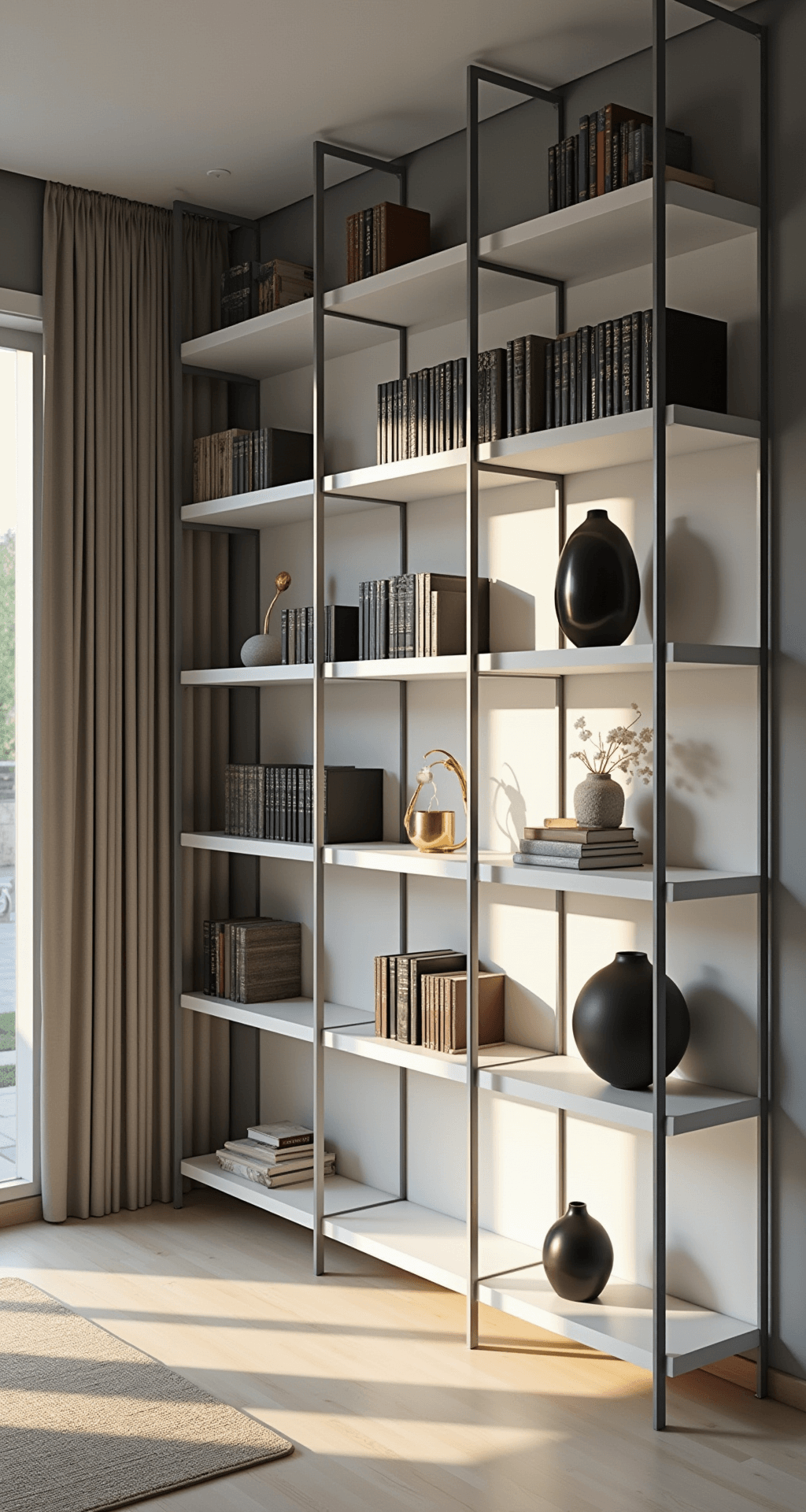 Transform Your Space: The Ultimate Guide to Creating Stunning Built-In Bookcases A modern minimalist built-in bookcase spans wall-to-wall in a living room, featuring pure white shelving with slim metal frames, filled with books in vertical and horizontal stacks, accented by matte black and brass accessories. The space is illuminated by golden hour sunlight streaming through floor-length windows, casting diagonal shadows on cool gray walls and white oak flooring, all captured from a corner perspective to emphasize clean lines and geometric forms.