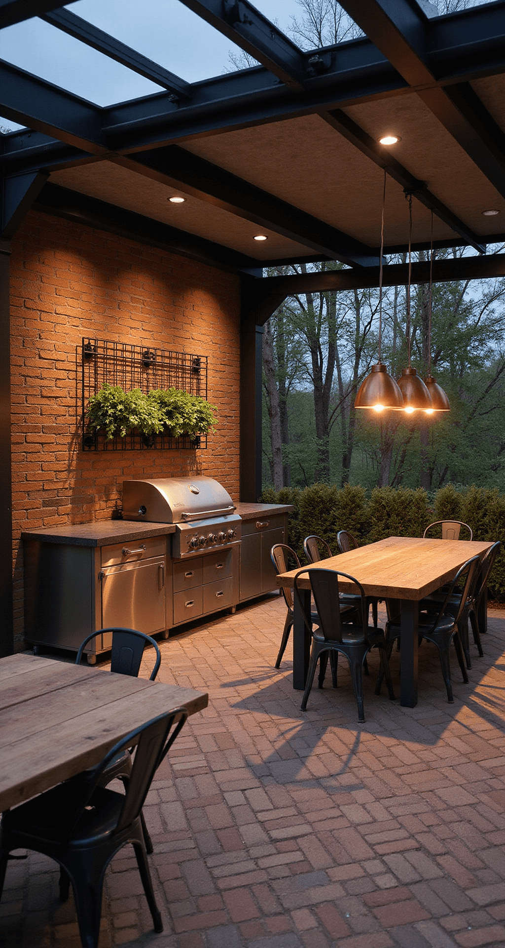 Ultimate Patio BBQ Area Design: Transform Your Outdoor Cooking Space Rustic-industrial BBQ court featuring a cinder block and steel grill station with slate counters, a herringbone brick patio, vintage metal chairs, a reclaimed wood communal table, copper pendant lights, and a vertical herb garden, captured at twilight with moody backlighting highlighting textures.