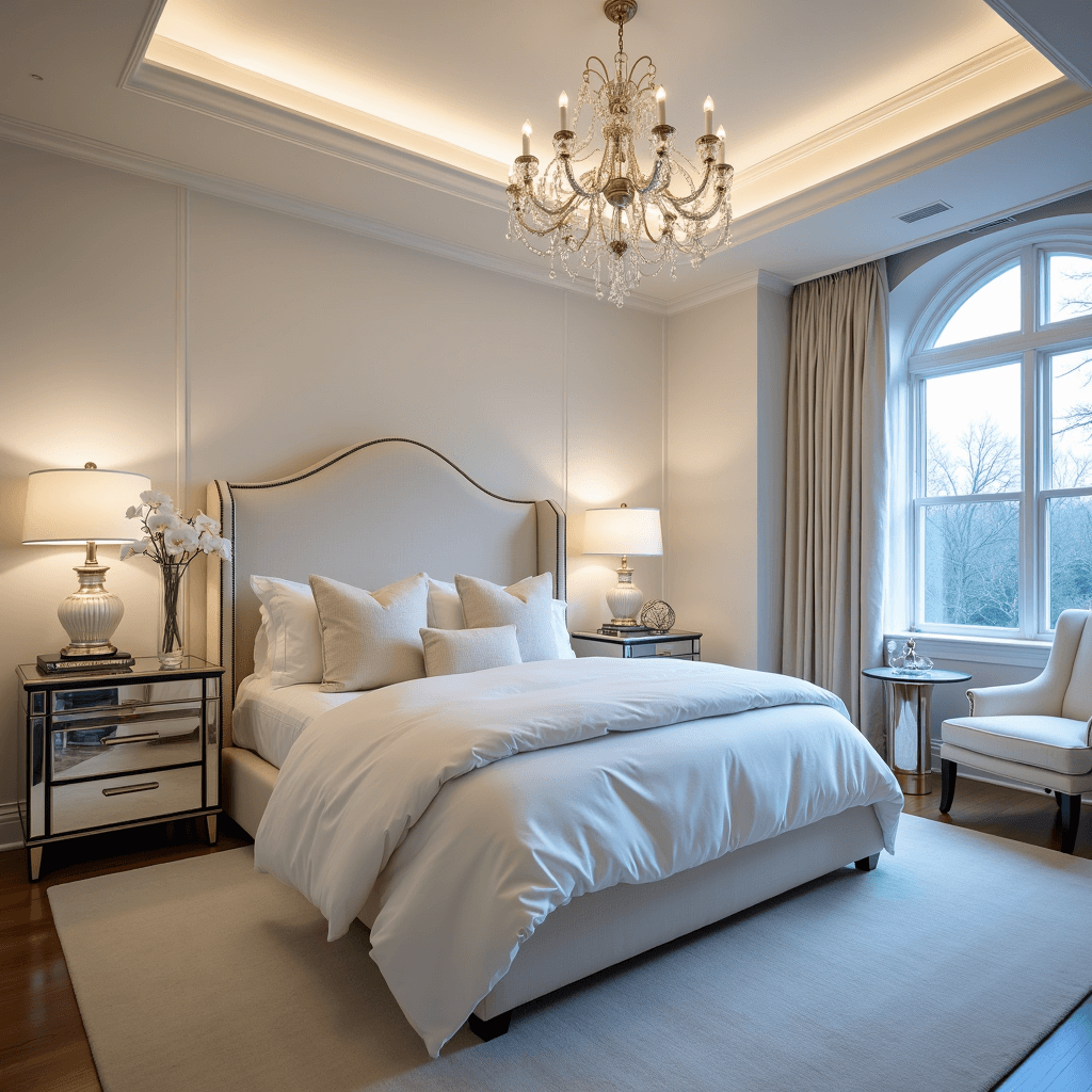 White Bedroom Ideas: Create Your Serene Sanctuary Transitional white bedroom at twilight featuring an elegant upholstered wingback bed, layered warm white bedding, antique mirrored nightstands, and a crystal chandelier, shot from a low angle to highlight the tray ceiling and ambiance created by dusky blue hour light.