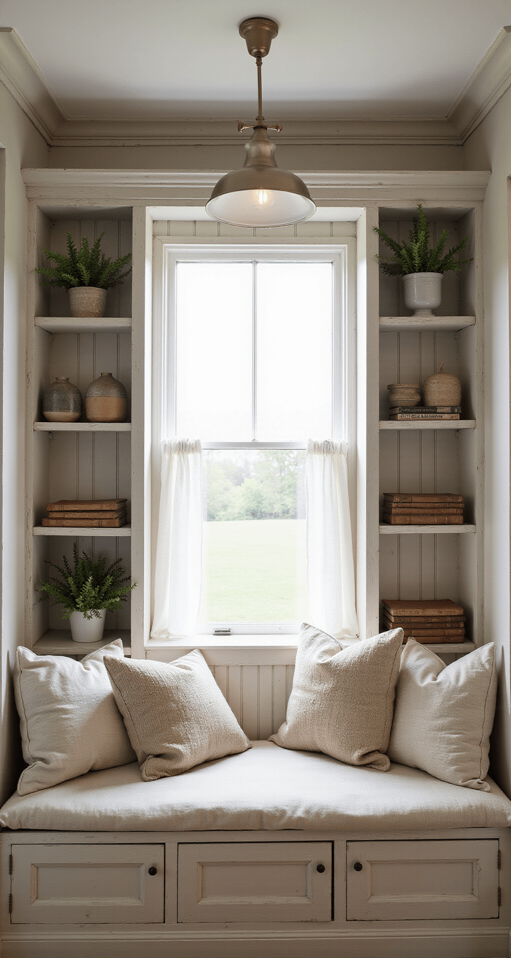 Transform Your Space: The Ultimate Guide to Creating Stunning Built-In Bookcases Cozy farmhouse-style reading nook with built-in bookcase, window seat, and soft morning light filtering through white linen curtains, showcasing distressed white oak shelves adorned with vintage books and potted herbs against warm greige walls.