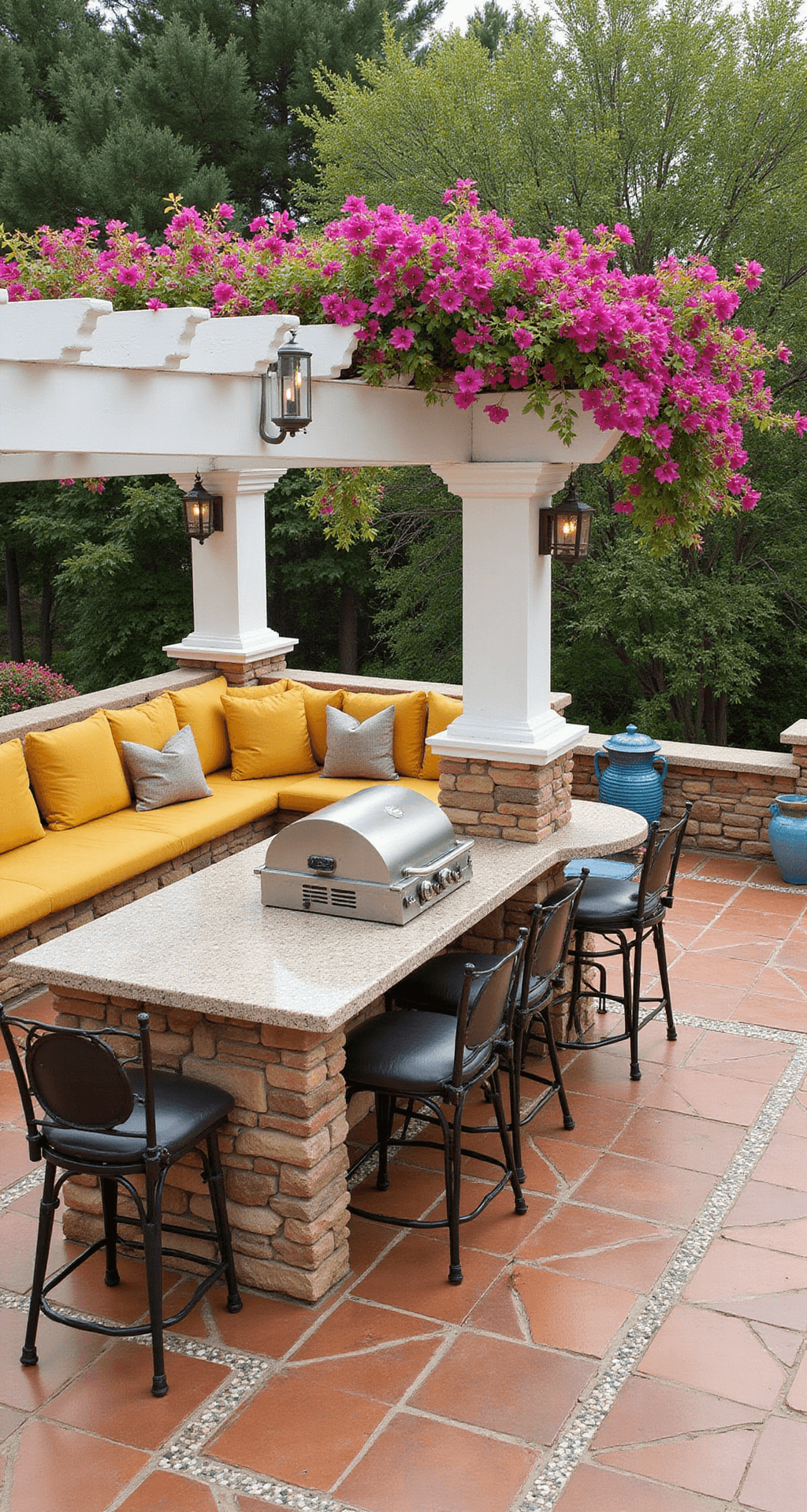 Ultimate Patio BBQ Area Design: Transform Your Outdoor Cooking Space A high overhead shot of a Mediterranean BBQ terrace featuring a stone-clad grill island with a curved breakfast bar, terracotta tile flooring with mosaic inlay, and a built-in banquette adorned with bright citrus cushions, all under a whitewashed pergola draped in bougainvillea, accented by wrought iron and blue ceramics.